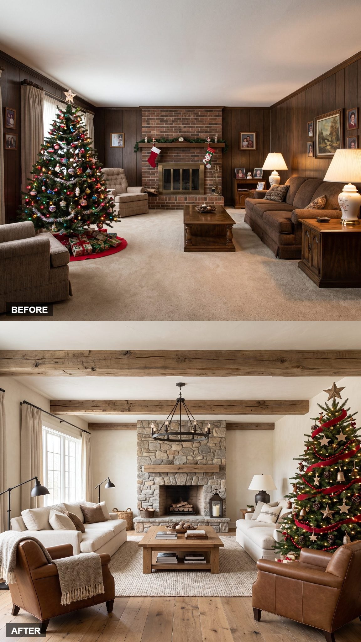 Modern Rustic Christmas With a Fieldstone Fireplace and Reclaimed Oak Beams