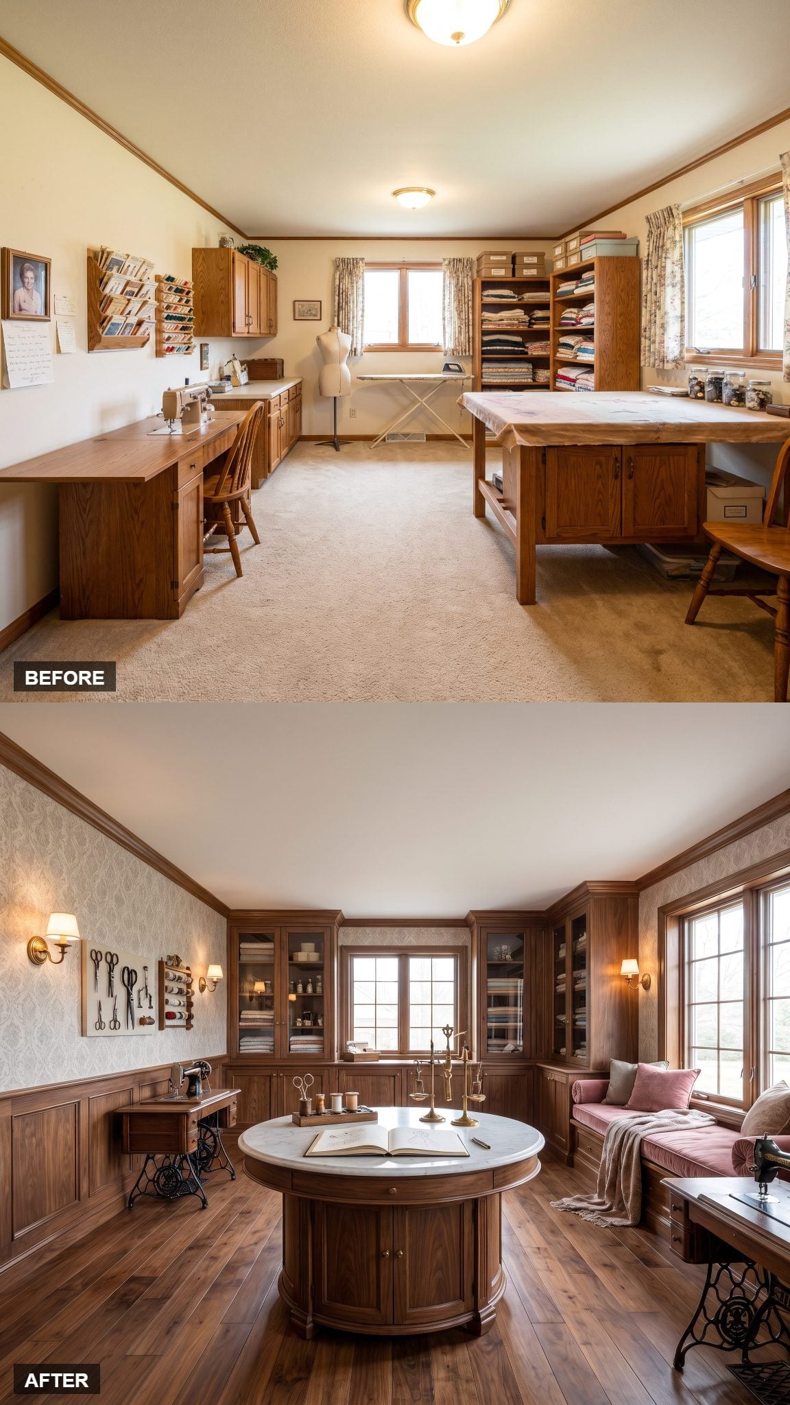 Modern Victorian Sewing Salon With a Circular Worktable and Aged Brass