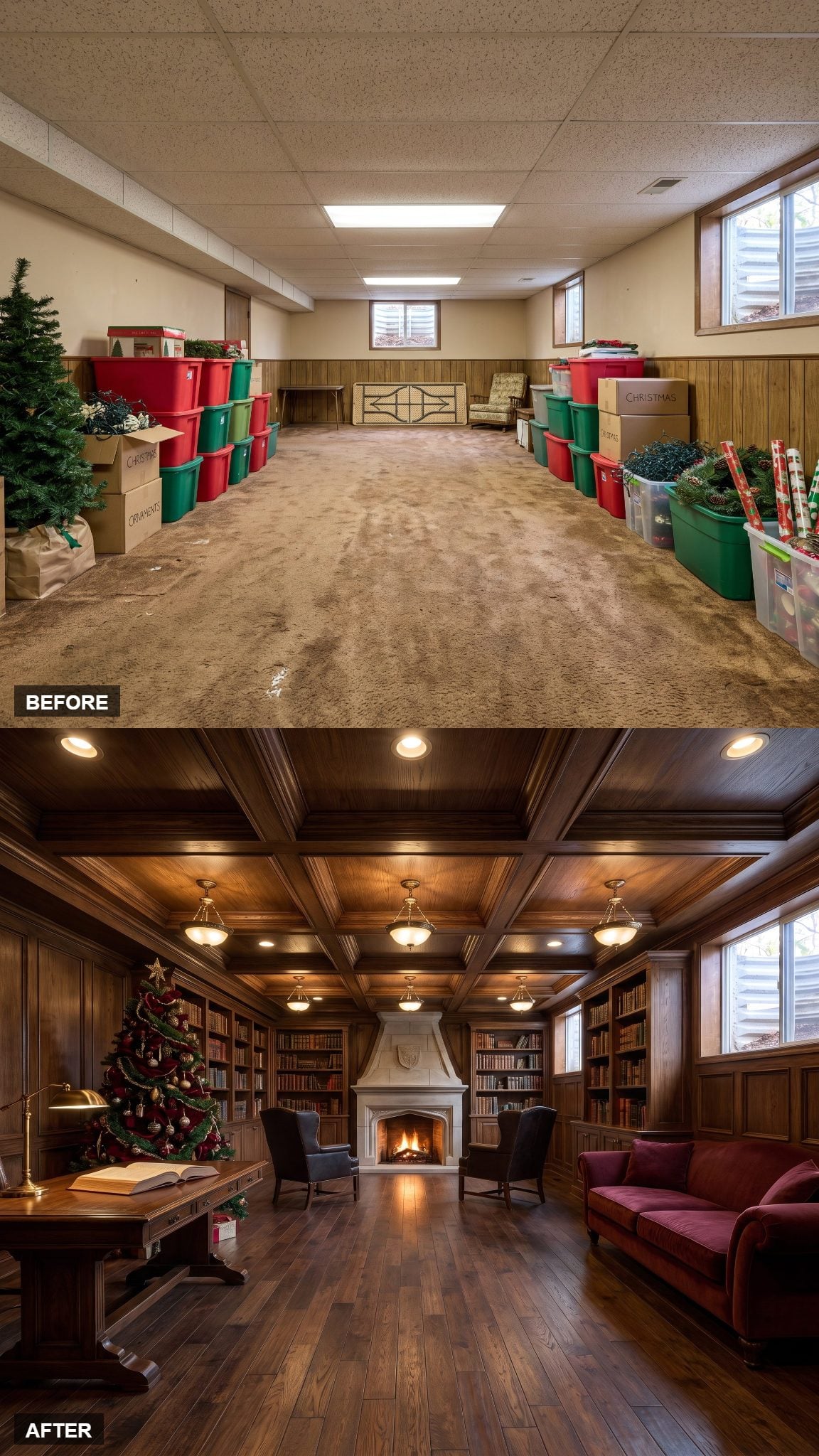 Moody Gothic Library Christmas Lounge with Oxblood Velvet and Stone