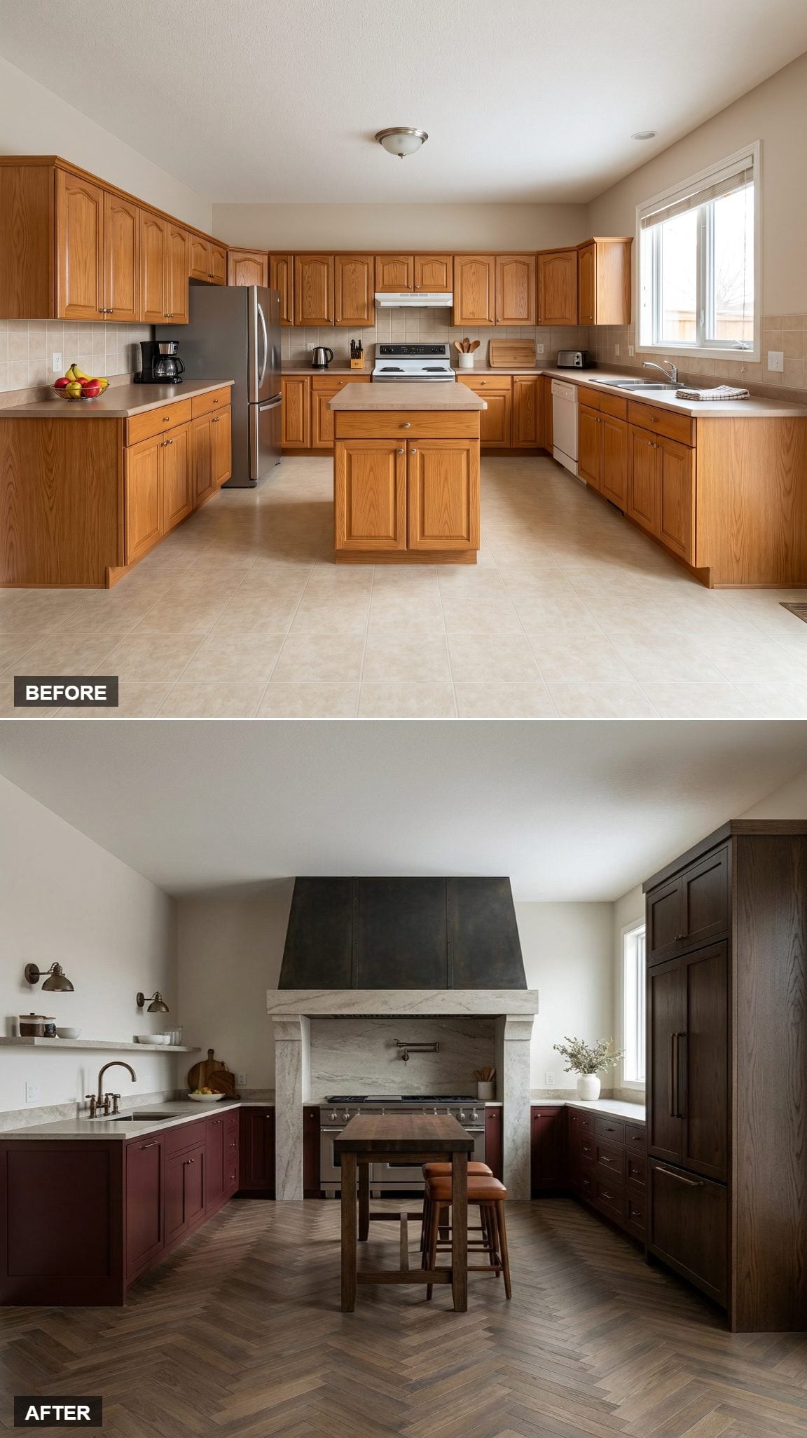 Oxblood European Kitchen with monumental range, deep color, and breccia stone surround