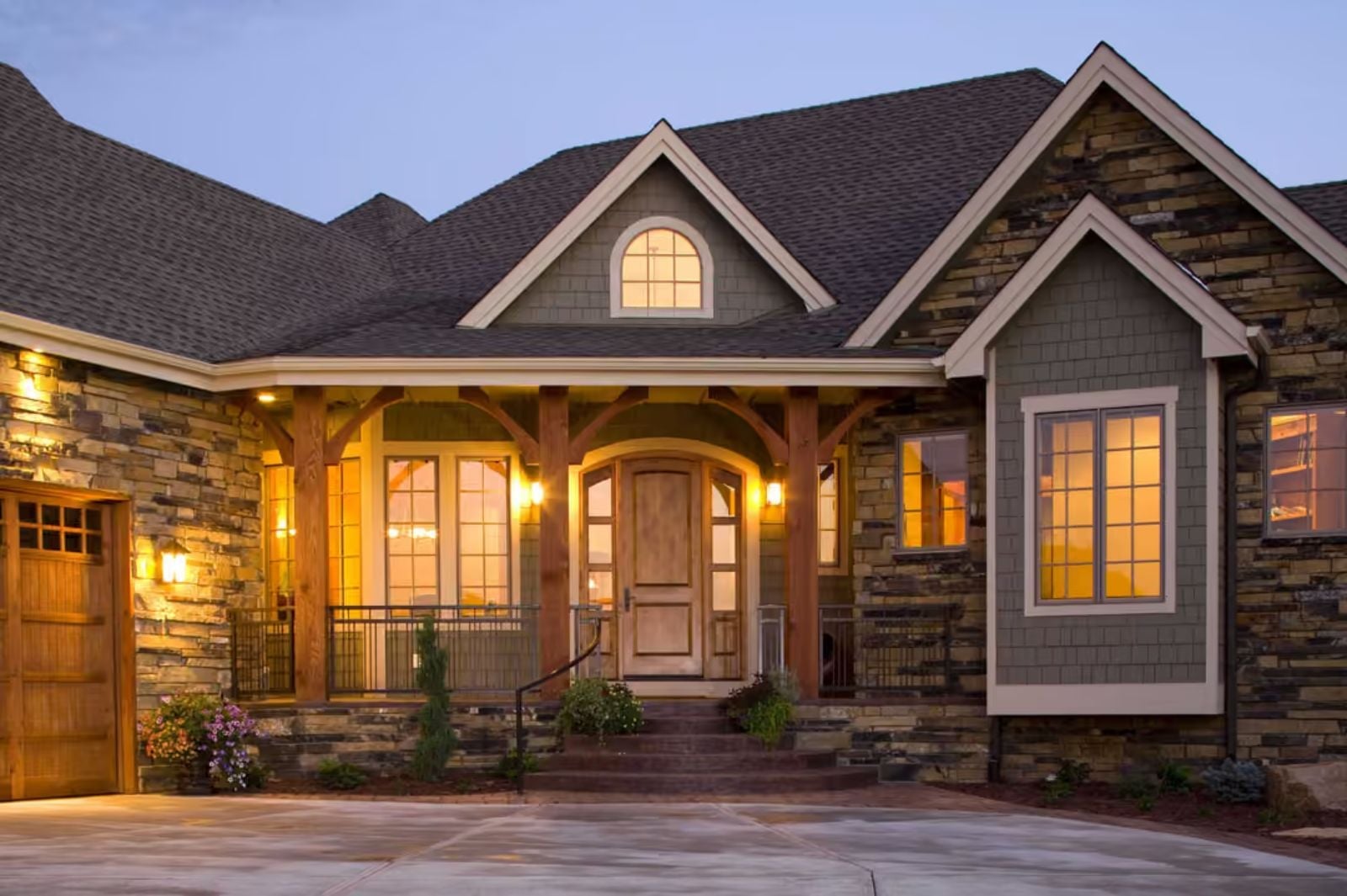 Craftsman Entry Porch Built Around Timber Posts and Warm Evening Light