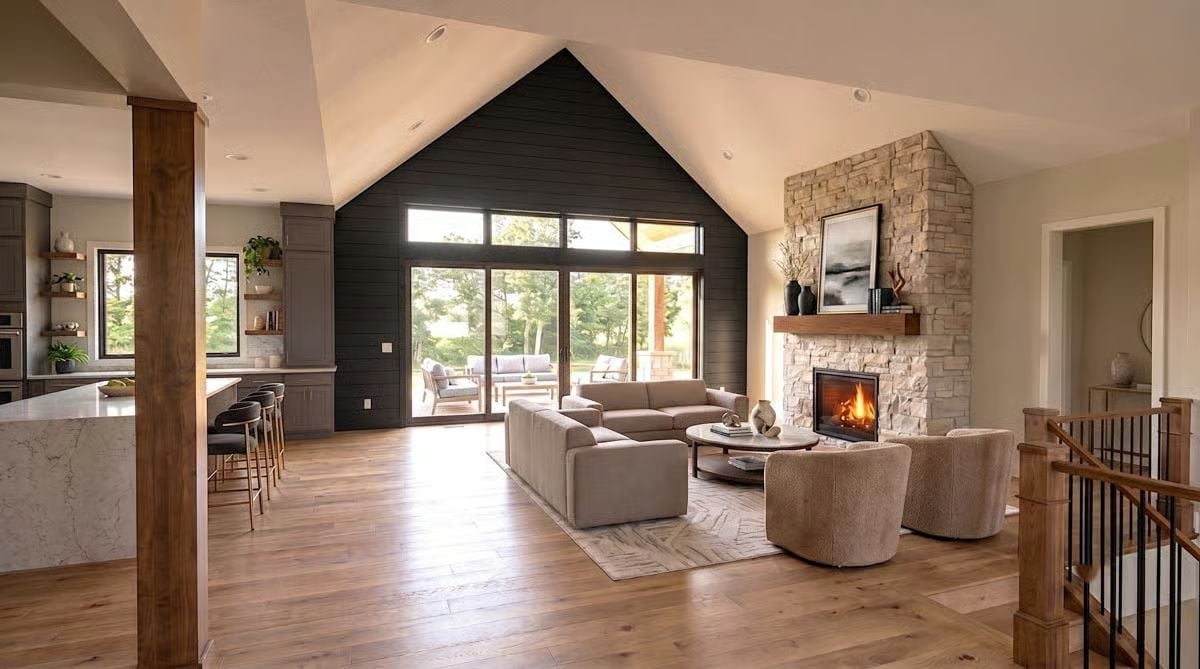Dark Shiplap and a Stone Fireplace That Earns Every Inch of Wall Space