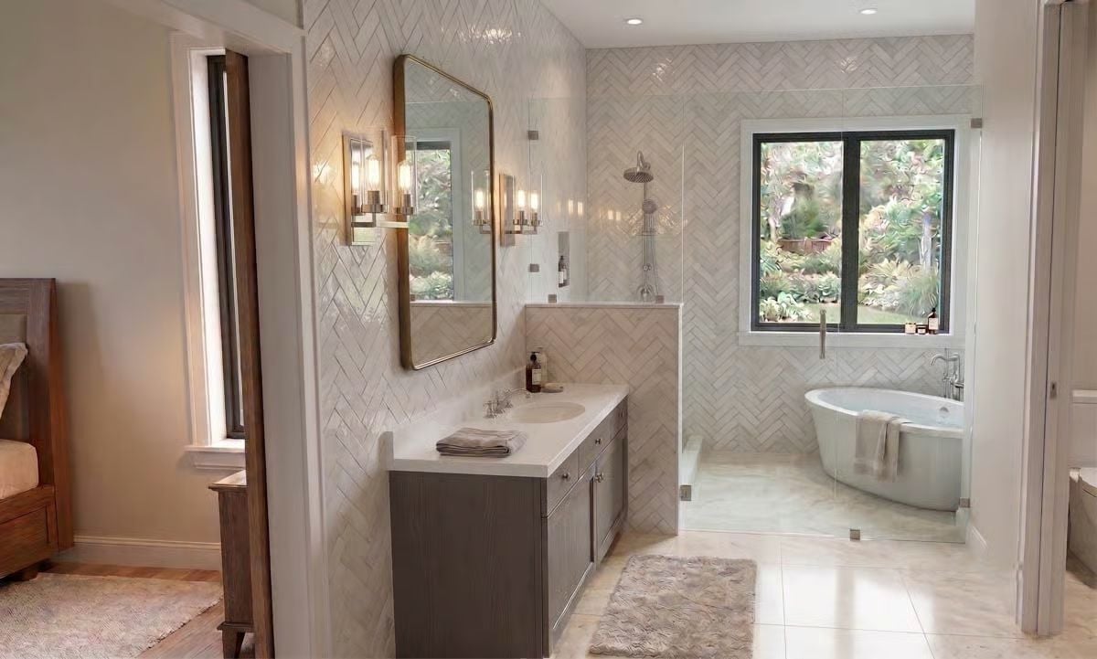 Herringbone Tile Floor-to-Ceiling Makes Every Other Choice Easy