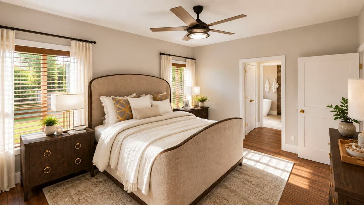 Curved Headboard and Honey-Toned Floors Set the Tone Before Bed