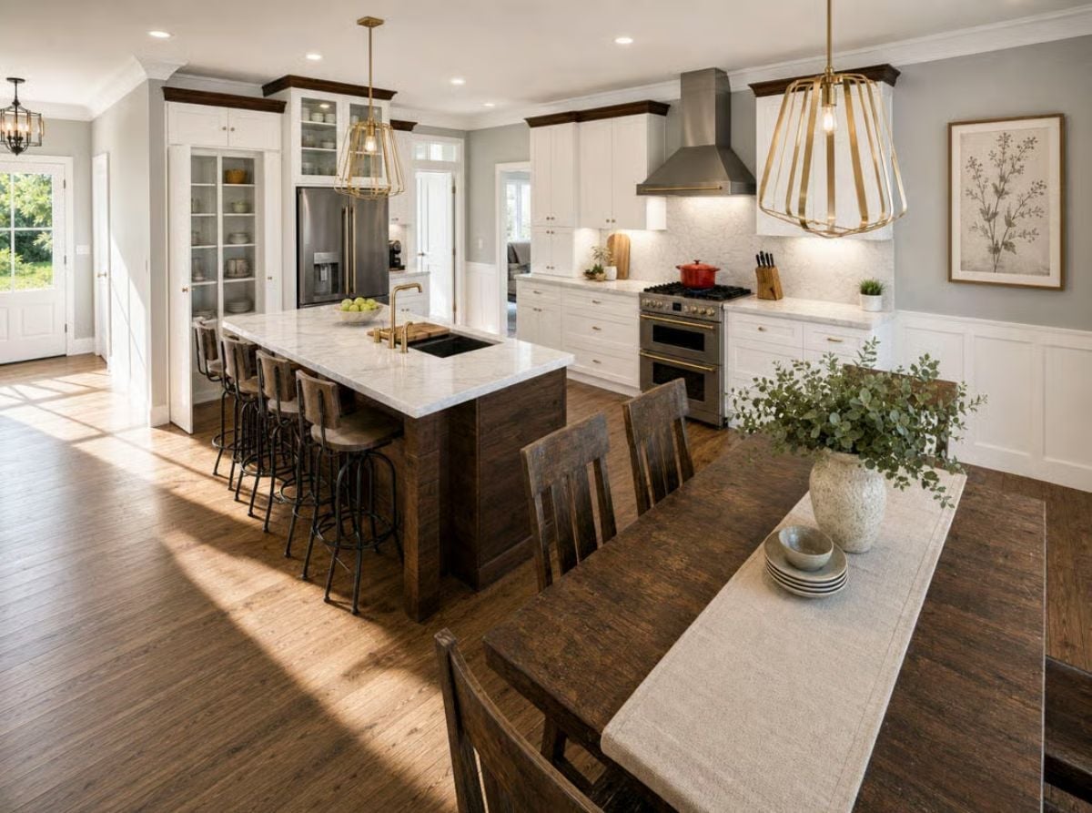 Gold Pendants and Dark Wood Do the Heavy Lifting in This Open Kitchen