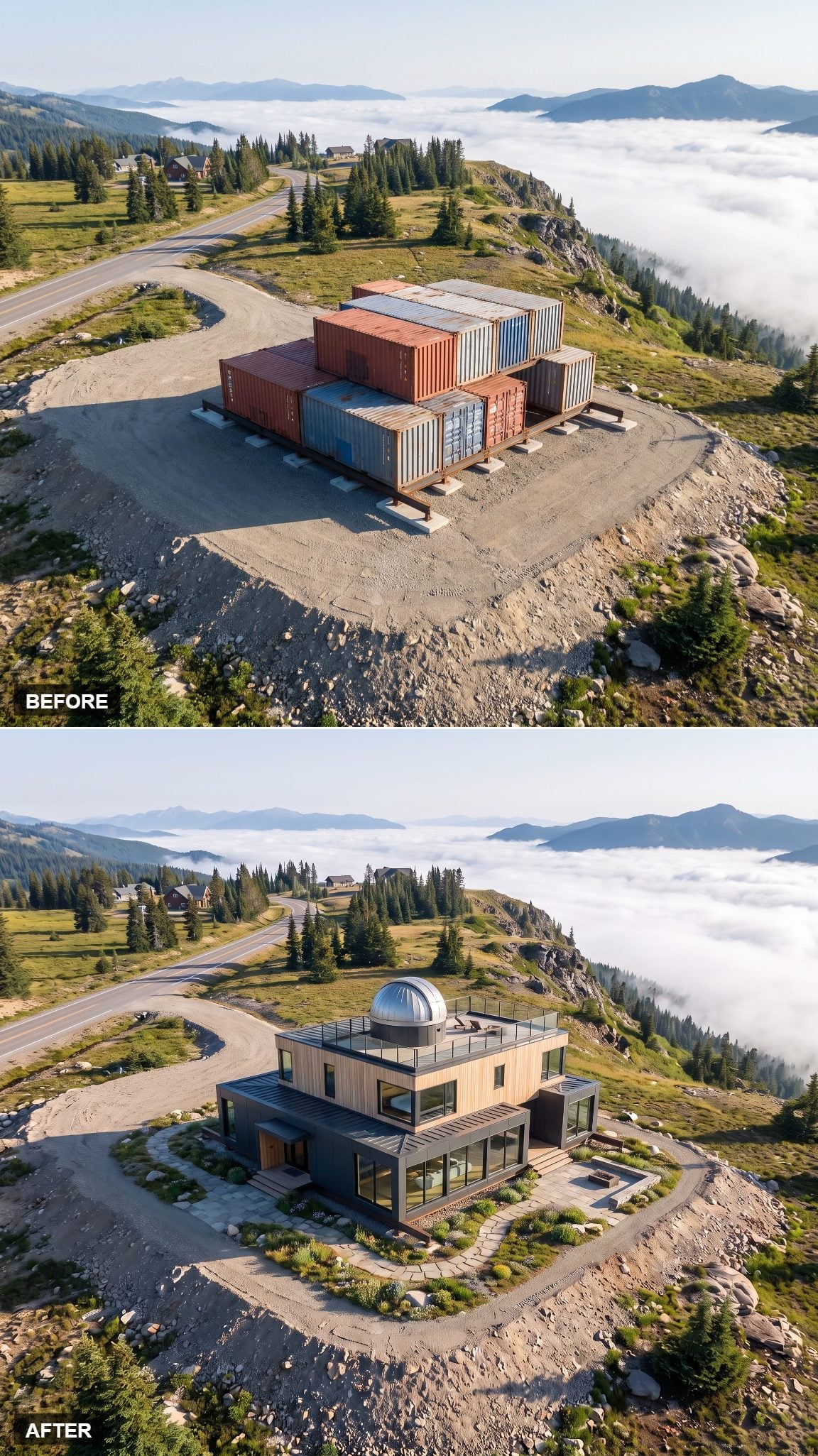 Container mountain house concept with a glazed rooftop observatory
