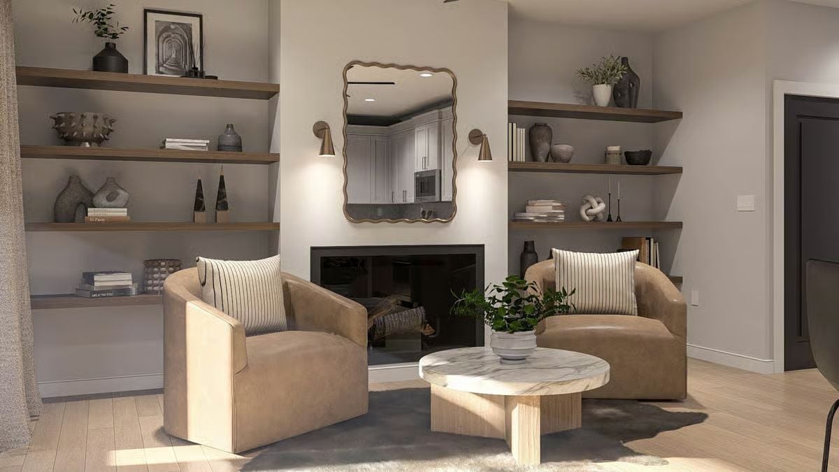 Scalloped Mirror, Marble Table, and Two Chairs That Don't Need a Sofa