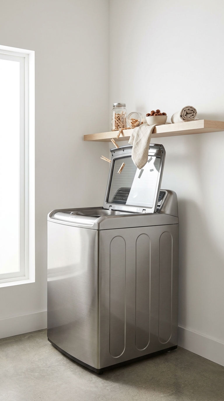 Blue-gray laundry room with a floating oak shelf mounted so low the top-load washer lid can't fully open.