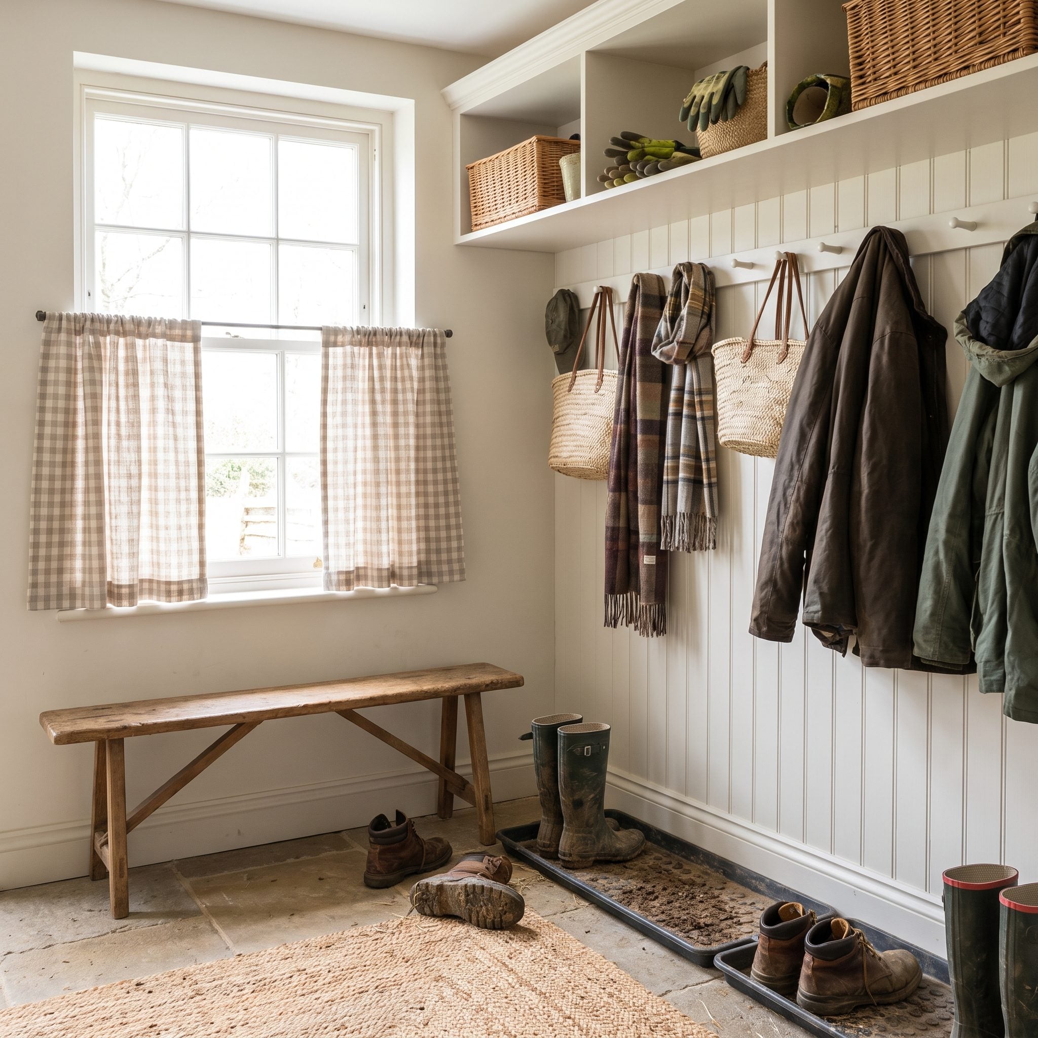 Mudroom with a tan curtain panel hemmed a half-inch below the window apron, leaving about thirty inches of tile floor