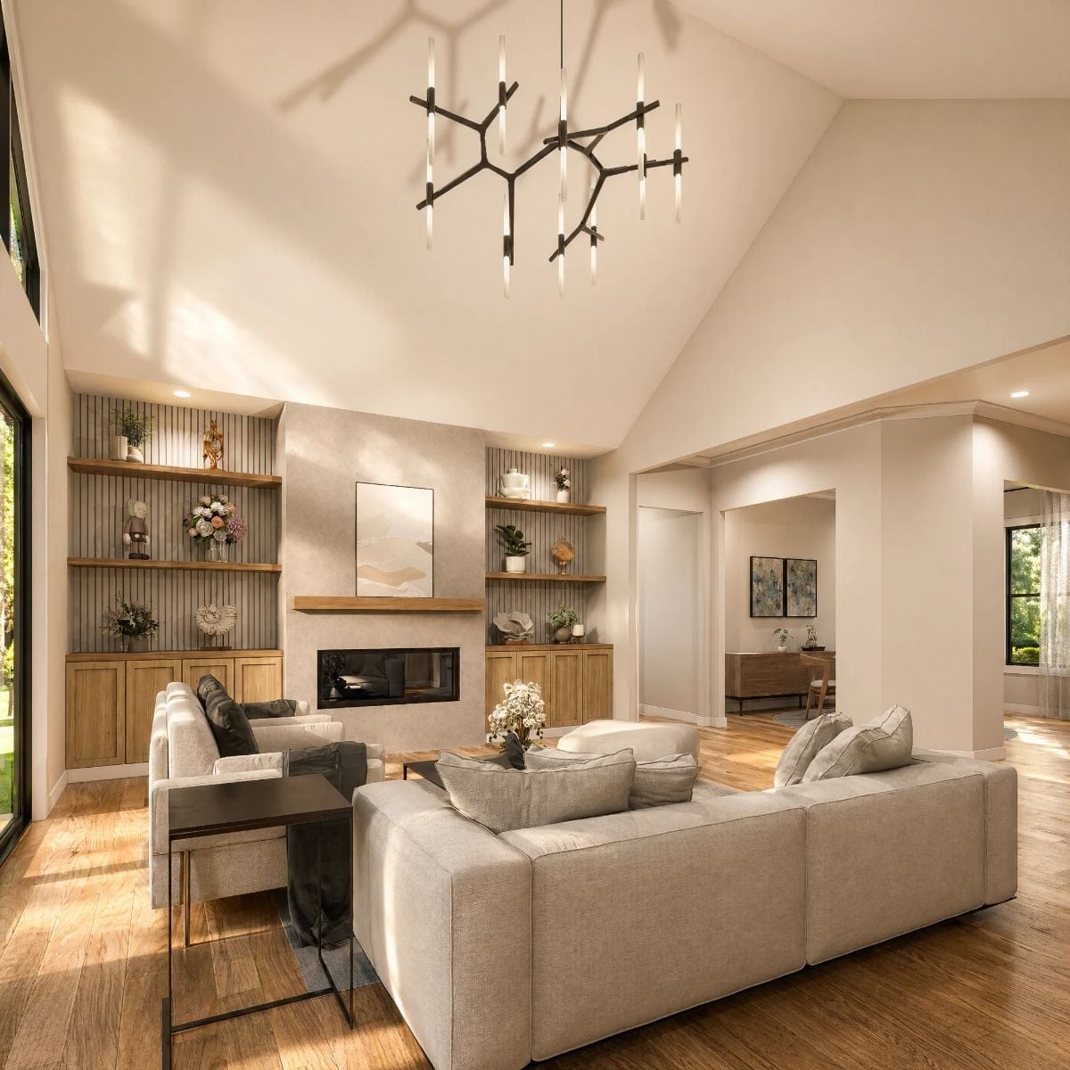 Branch Chandelier and Built-Ins That Actually Earn Their Wall Space