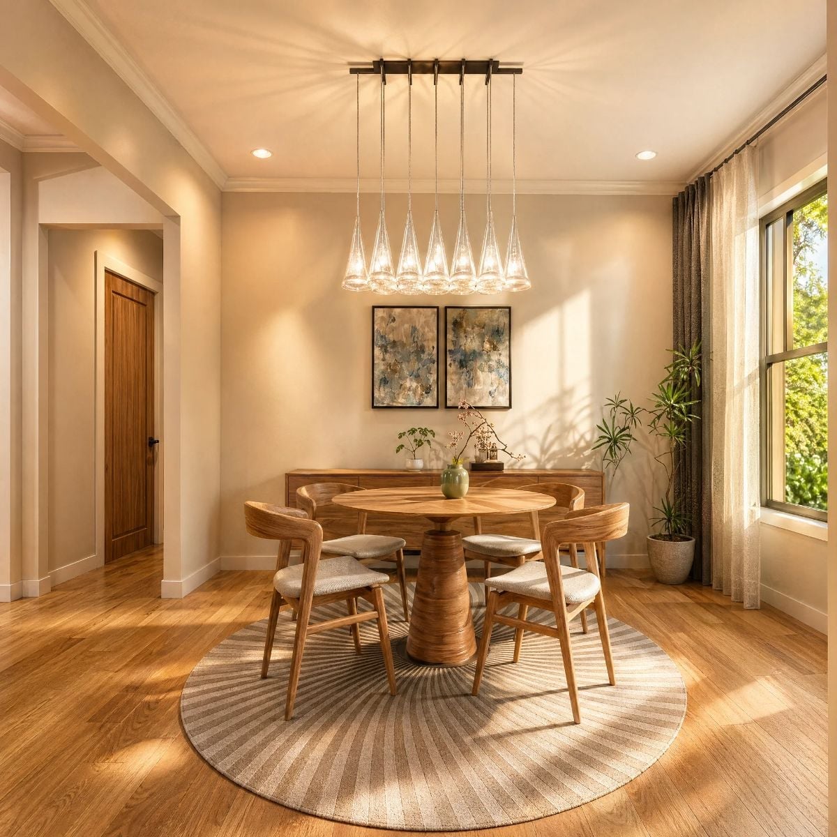 Cone Pendant Cluster Over a Round Table That Actually Pulls Its Weight