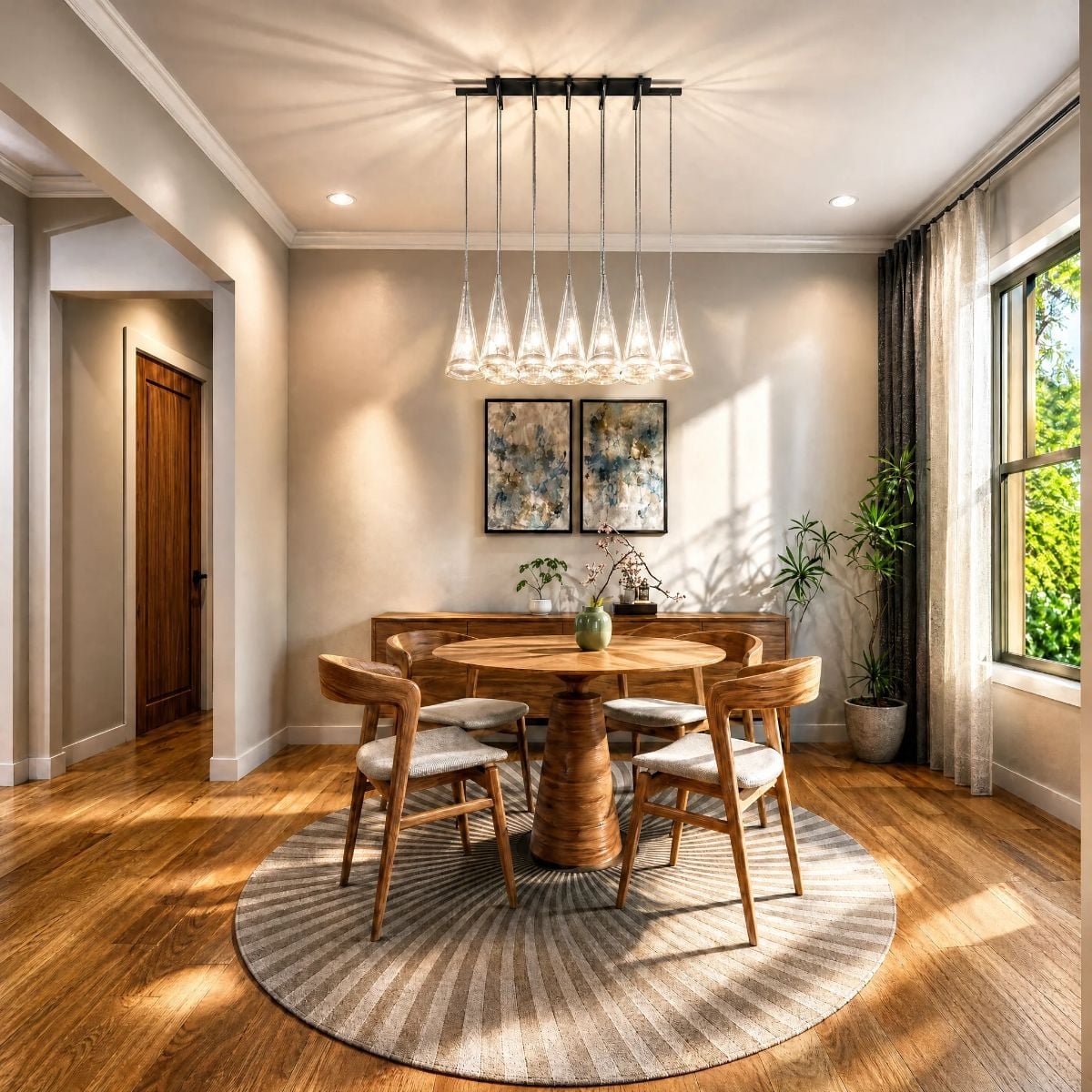 Cone Pendants, Warm Wood, and a Round Table That Says Stay a While