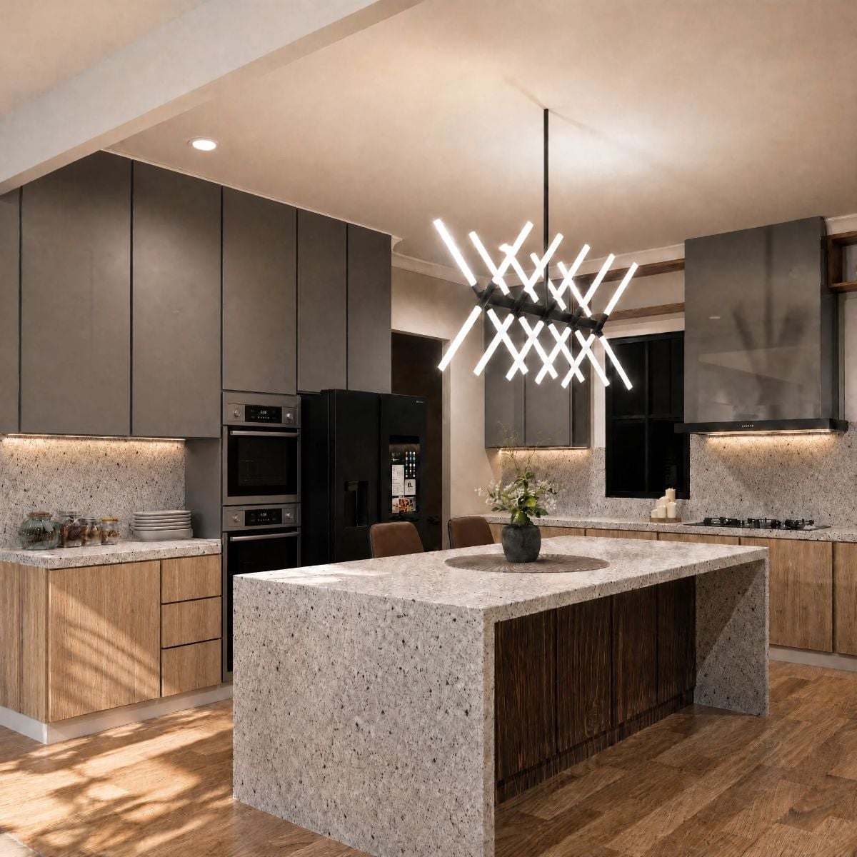 Granite Island Base With Dark Wood Paneling That Changes How the Room Feels