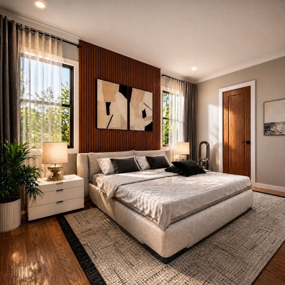 Vertical Wood Slats, Sheer Curtains, and a Bed You Won't Want to Leave