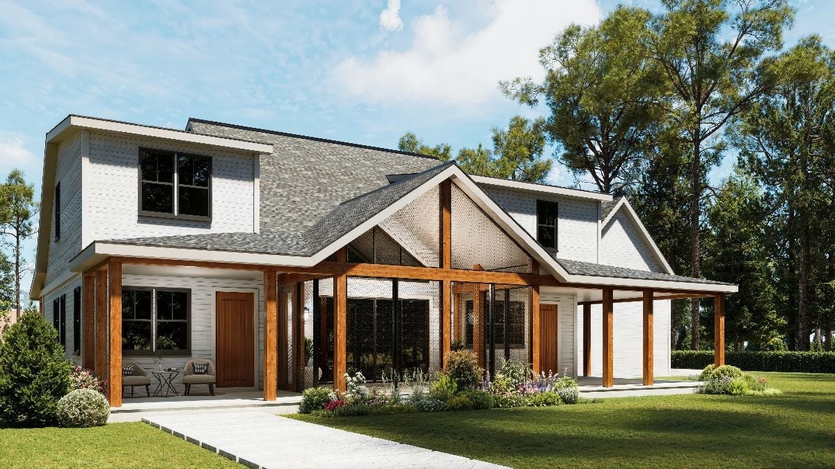 Wood Posts, Black Glass, and a Porch Built for the Long Haul