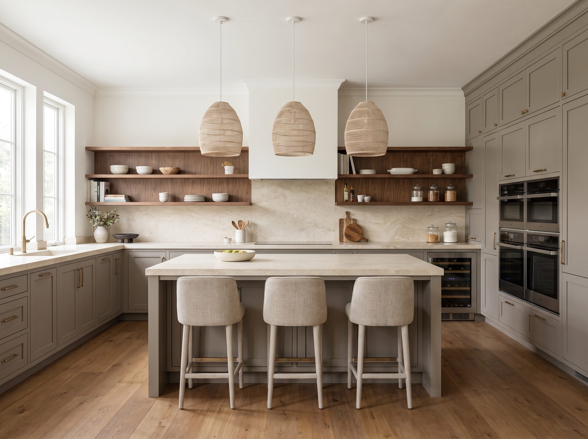 Contemporary kitchen with mushroom-gray cabinets and an eight-foot island in the same brown-based gray, oak flooring, walnut