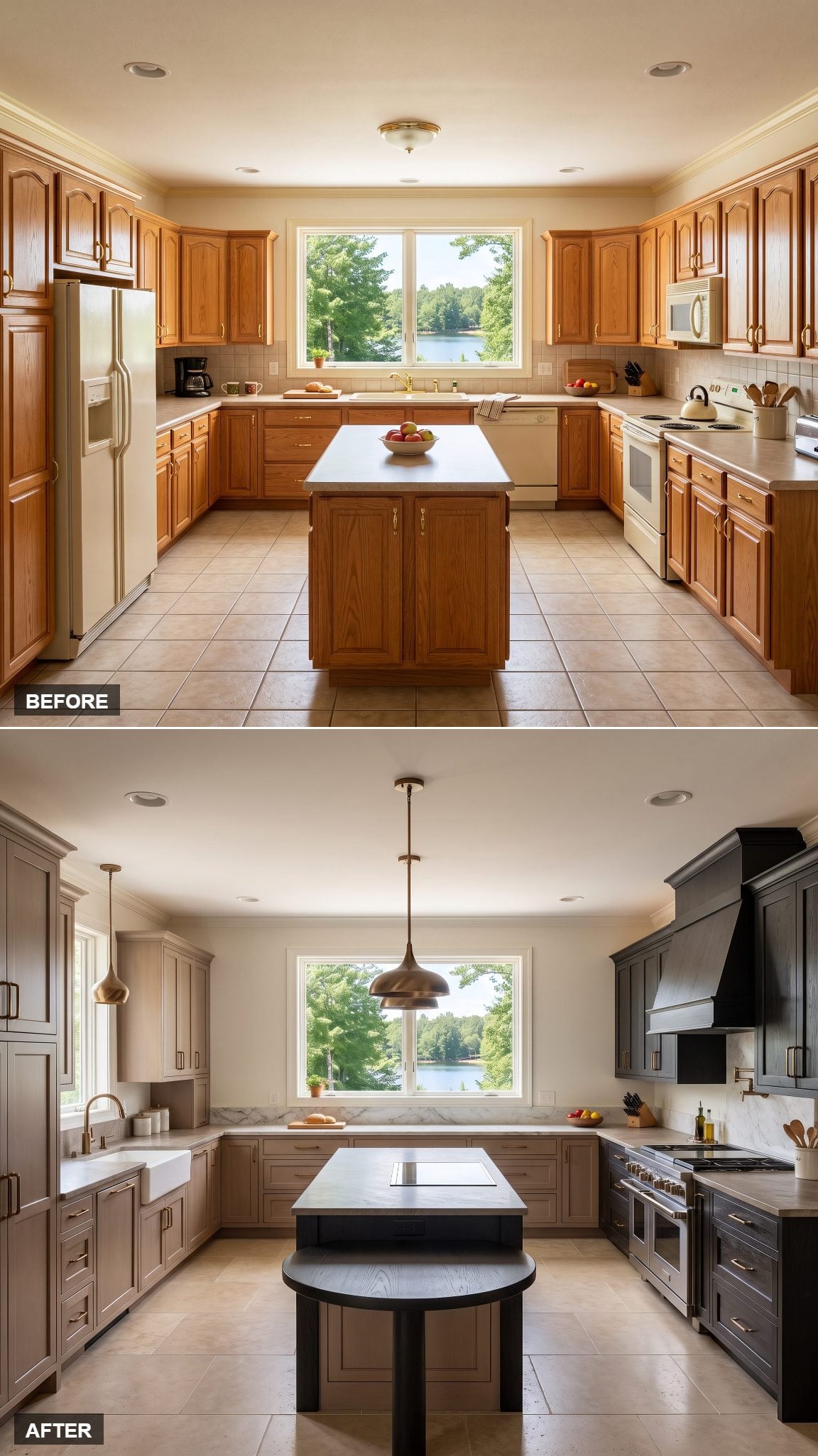 Contemporary kitchen combining mushroom-toned cabinetry with a full-height blackened oak appliance wall