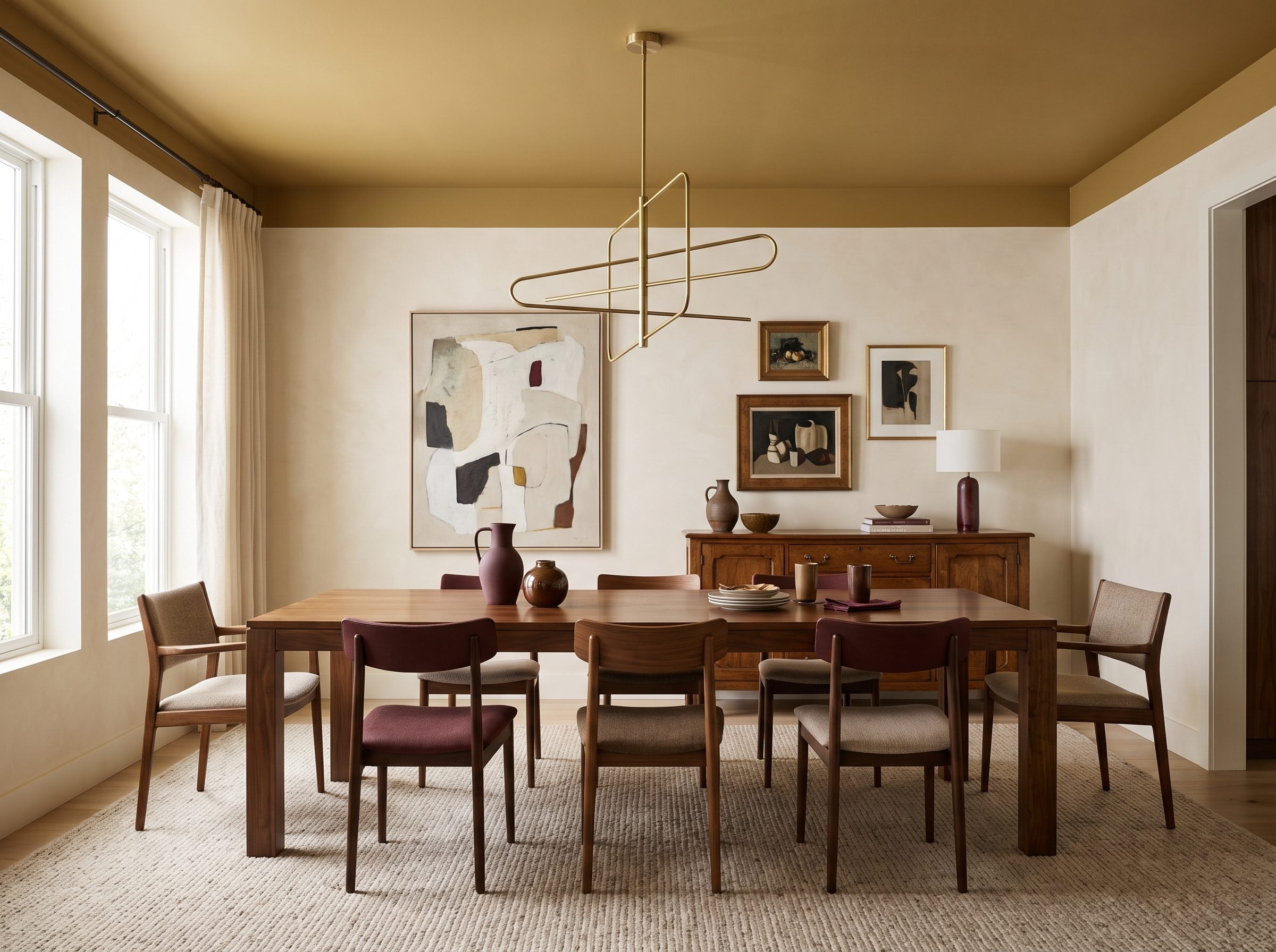 Eclectic dining room with a mustard-ochre ceiling above a walnut table, creamy plaster walls, and an antique sideboard.