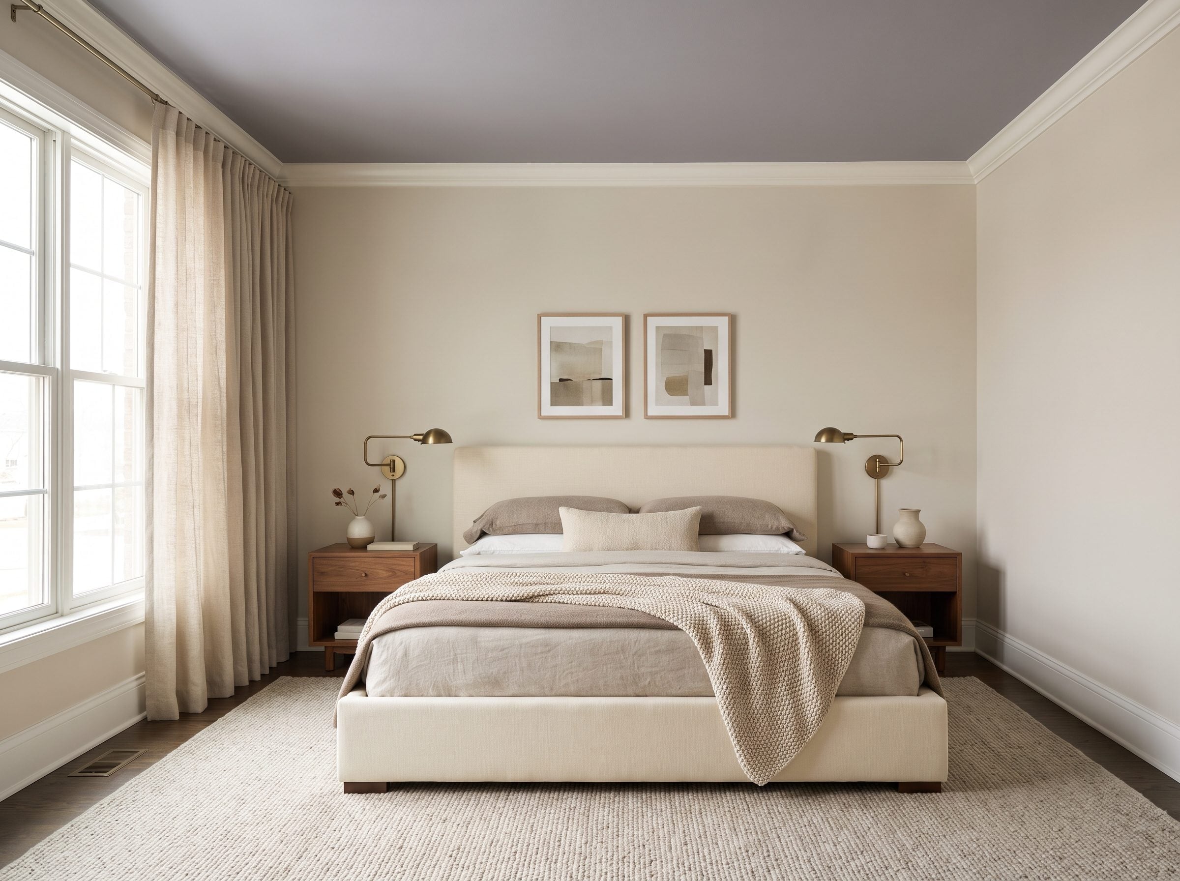 Bedroom with a gray-lavender ceiling framed by warm-white crown molding above taupe walls and an ivory upholstered bed.