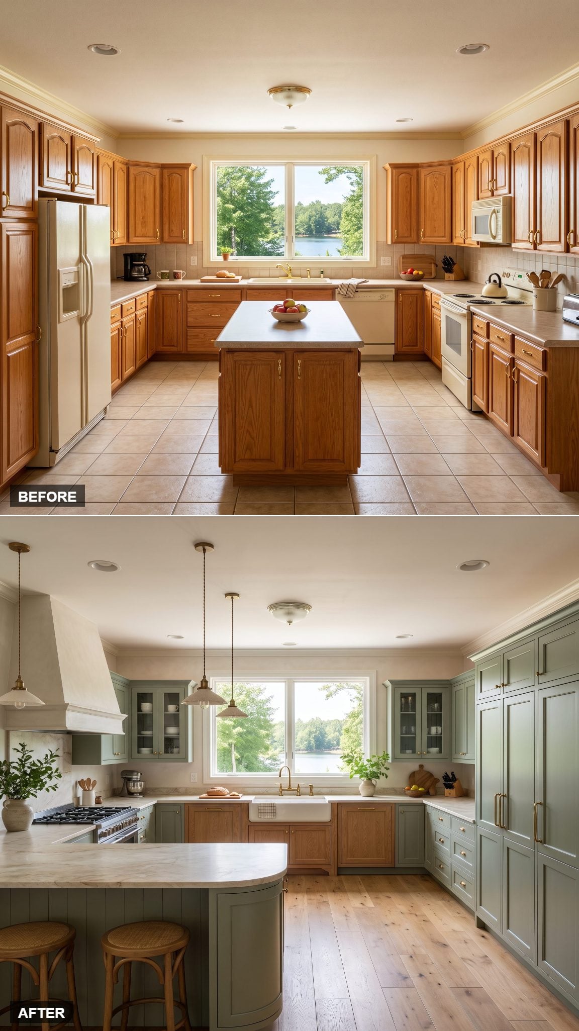 Kitchen with full-height muted sage cabinetry and natural stone countertops