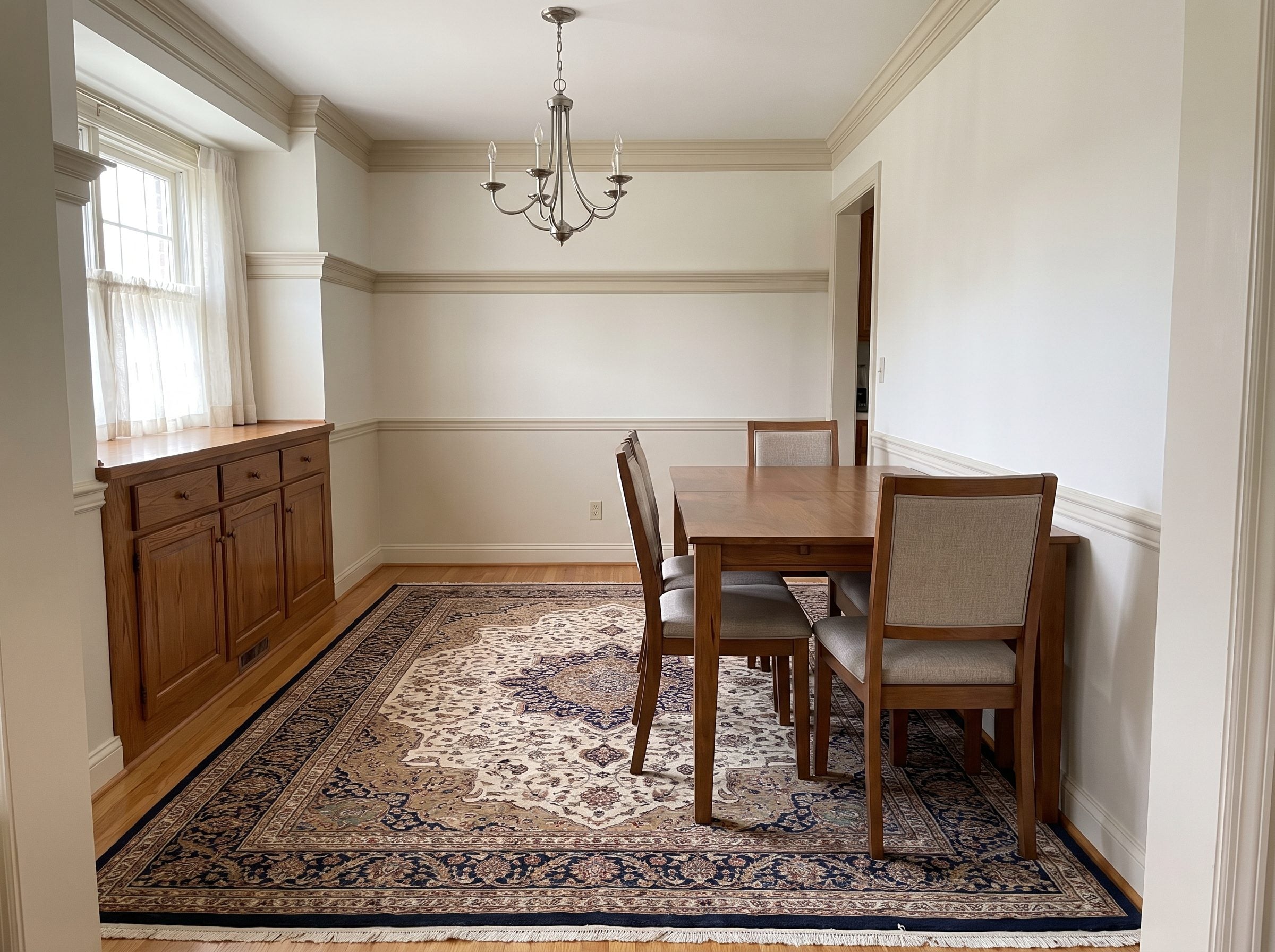 Narrow dining room with a slim oak table against the long wall and a 42-inch open walkway running down the other side.
