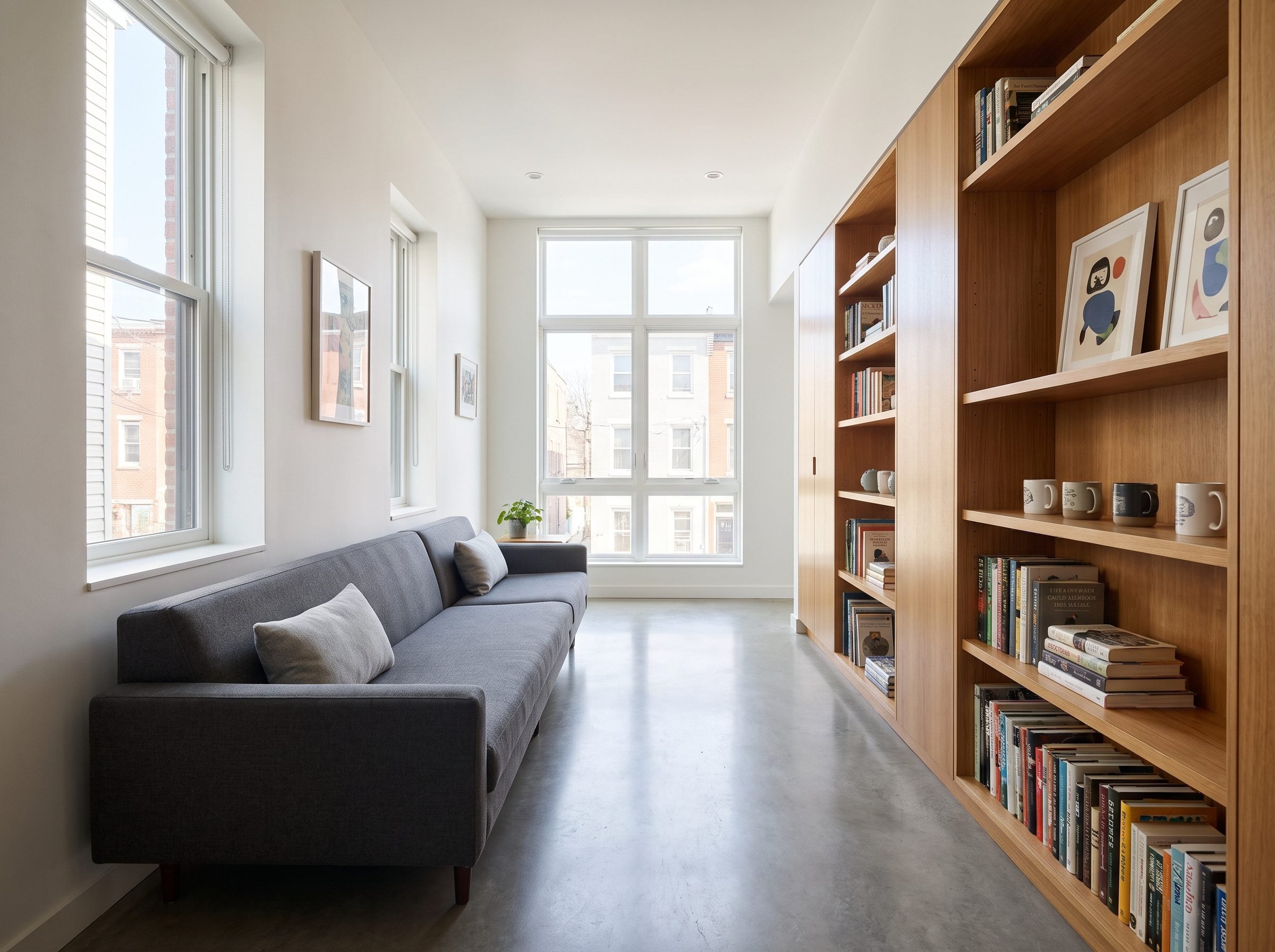 Narrow living room with a three-seat sofa against the window wall and a 34-inch walkway running to the kitchen doorway.
