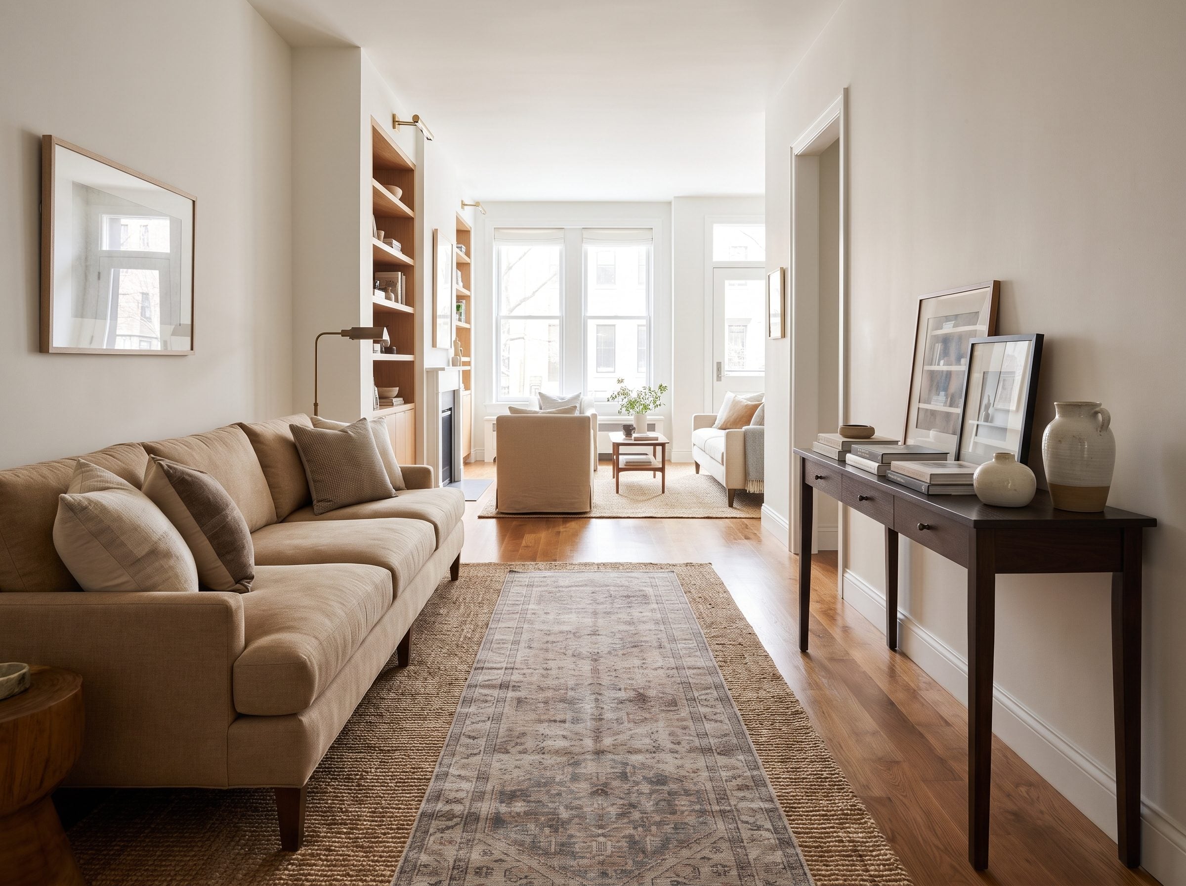 Ten-foot-wide townhouse living room with a camel sofa against the left wall and a clear 36-inch walkway running down the