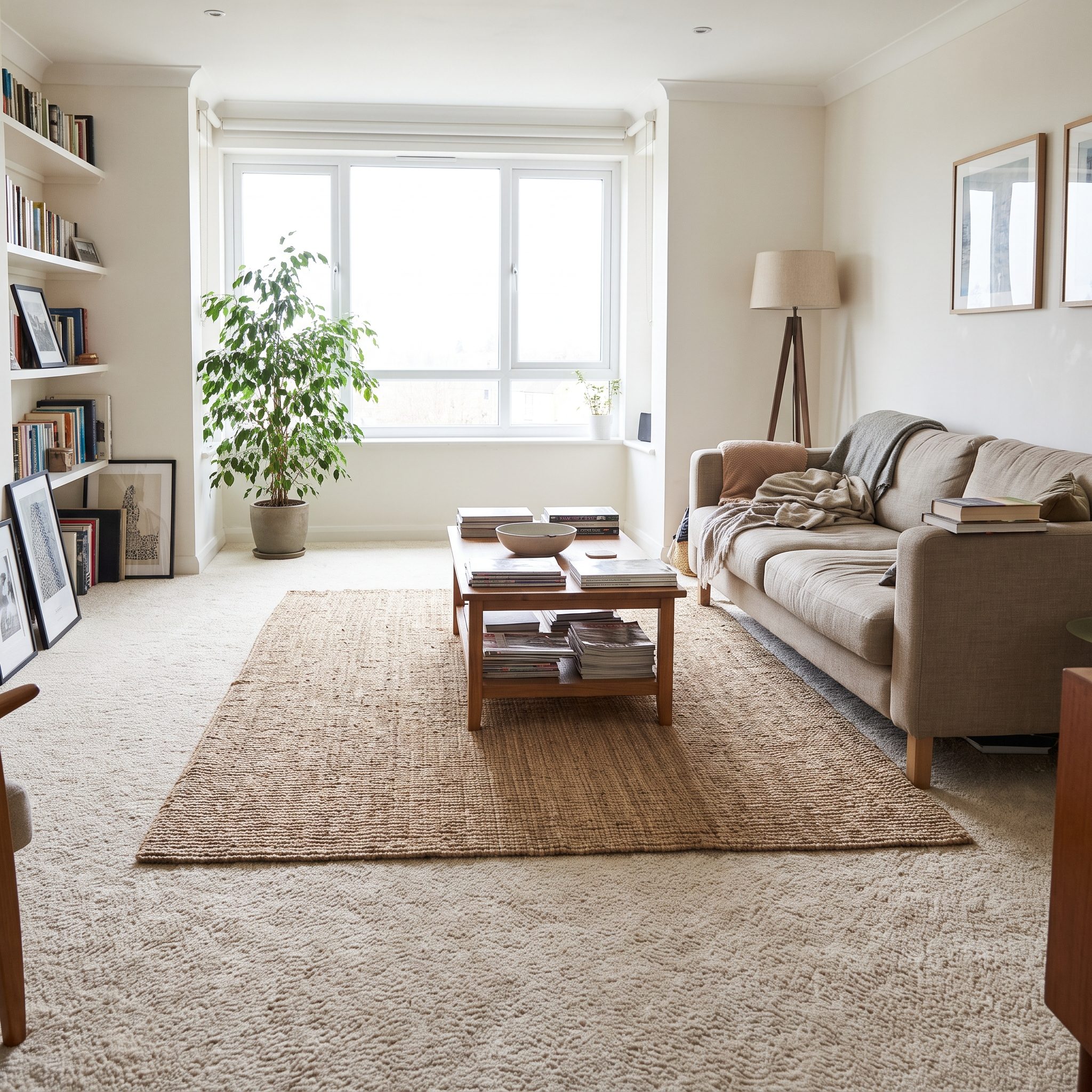 Living room with a six-by-nine jute rug centered under a coffee table on beige wall-to-wall carpet