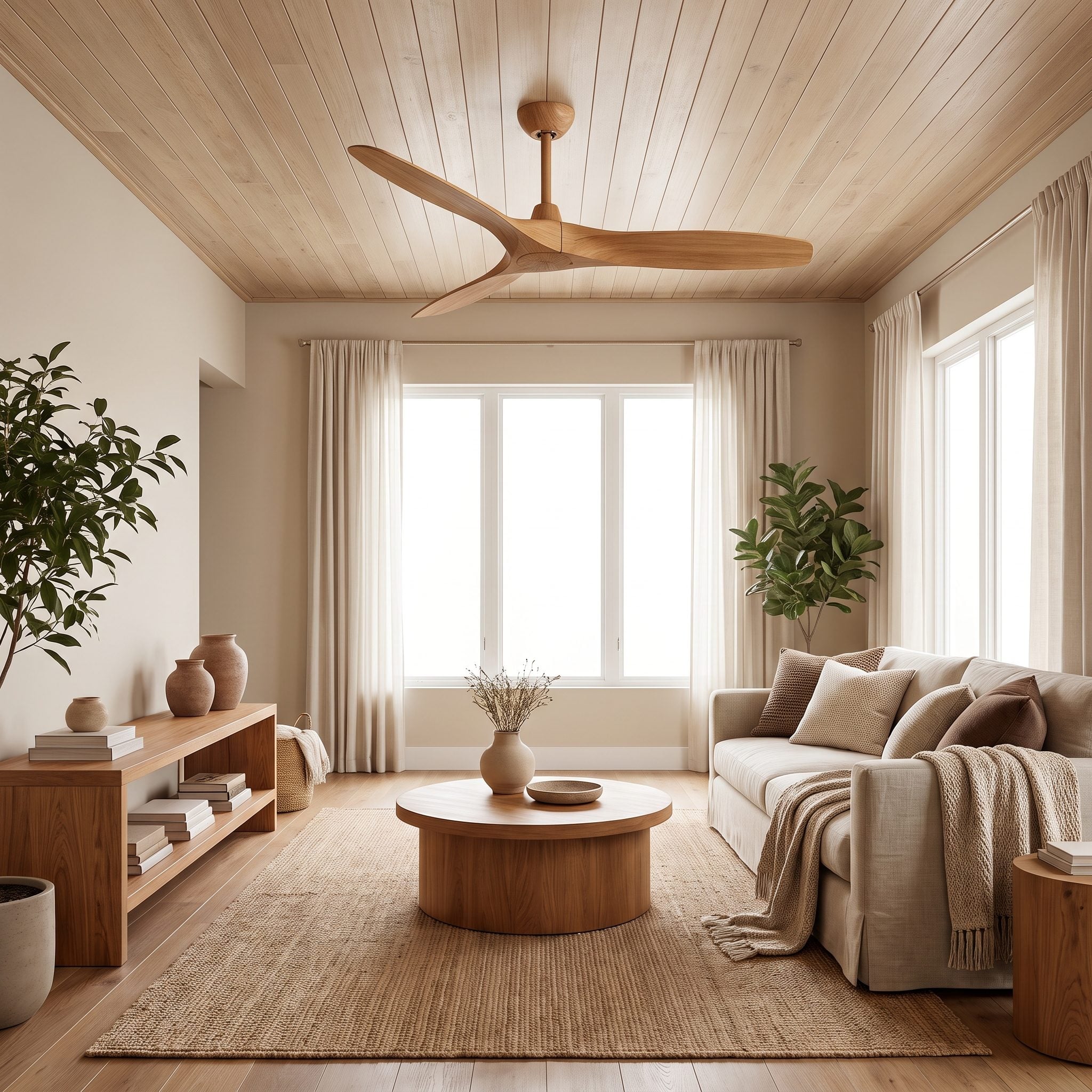 Dining room with a five-blade walnut ceiling fan whose blade finish matches the walnut dining table below it.