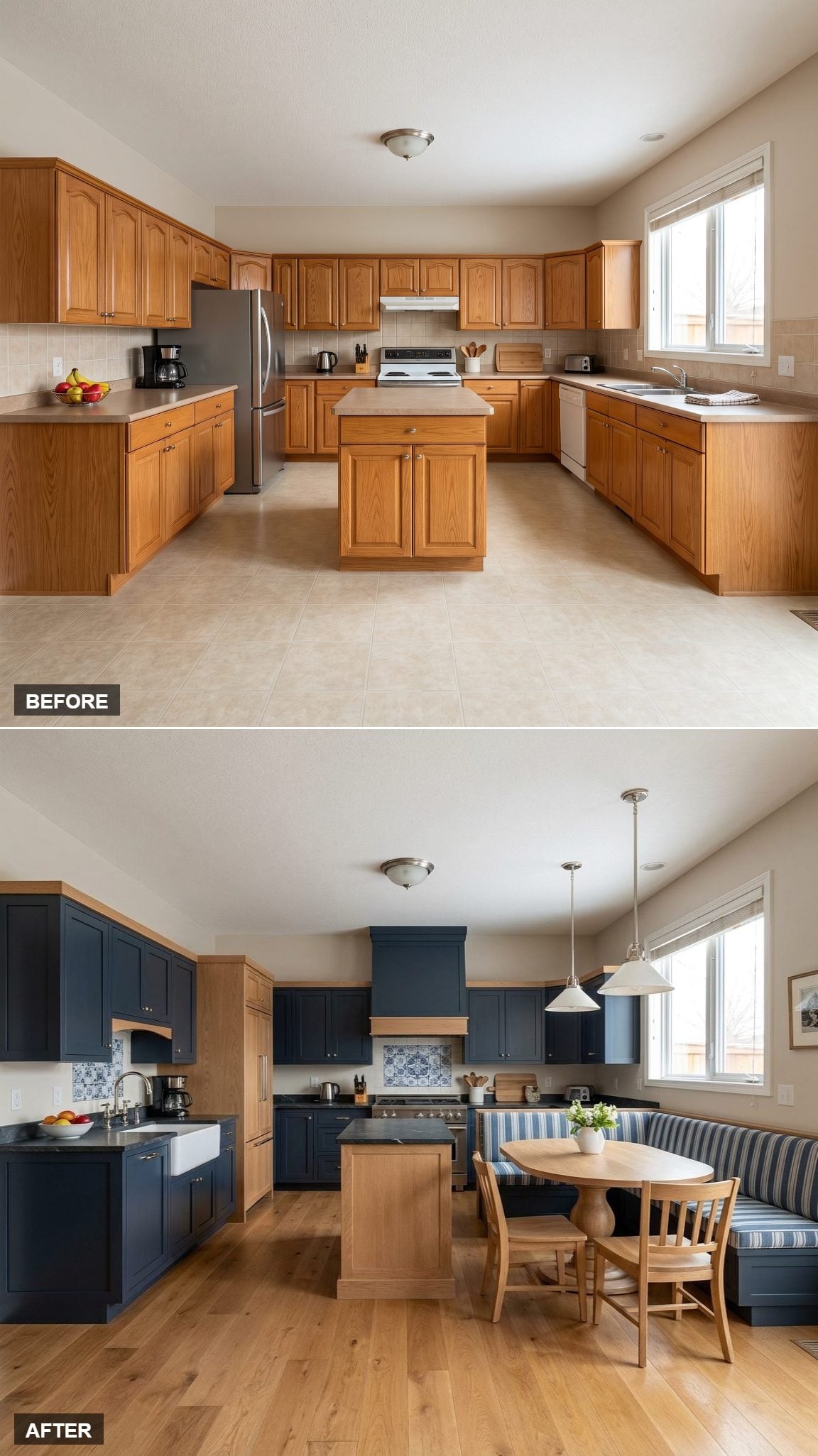 New England Estate Banquette Kitchen in Deep Navy Inset Cabinetry and Honed Soapstone