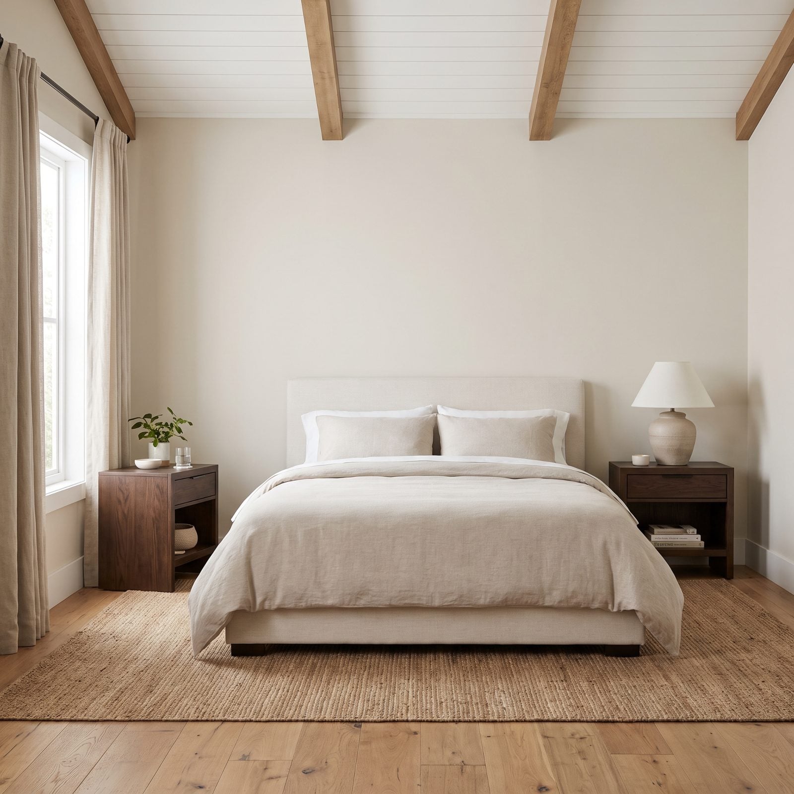 Bedroom where two nightstands sit at different depths because the window and trim leave uneven wall space beside the bed.