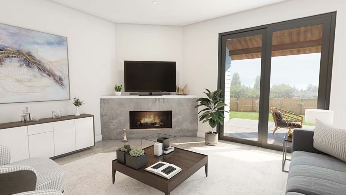 Concrete Surround, Corner Fire, and Sliding Glass That Opens the Whole Back Wall