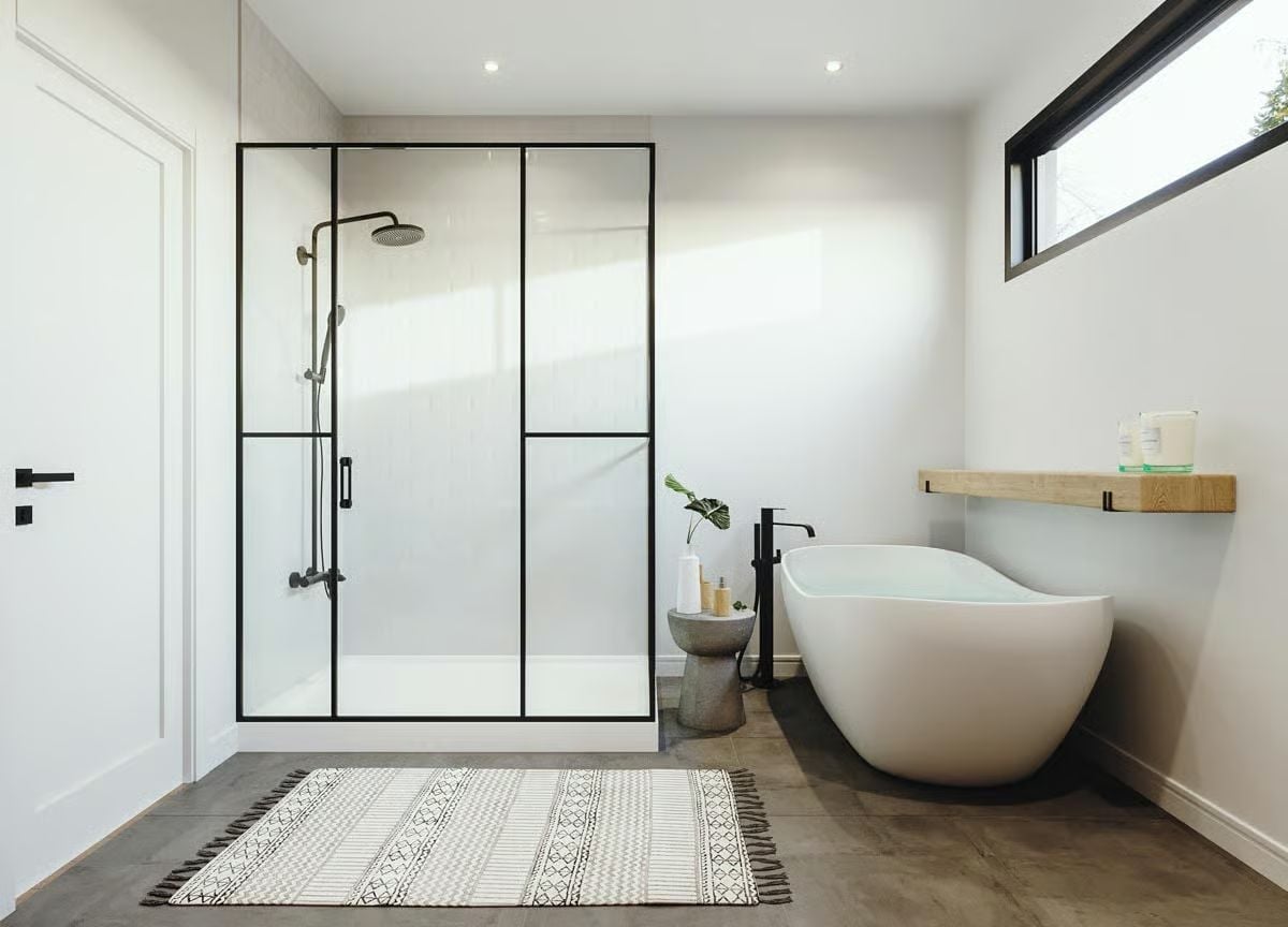 Black Steel, a Soaking Tub, and a Shower Enclosure Worth Stopping For