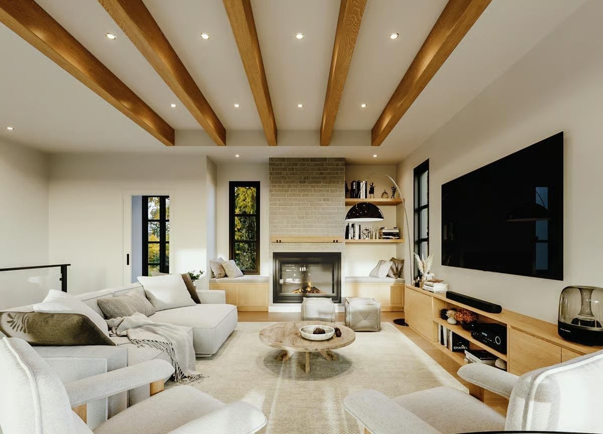 Ceiling Beams, a Live-Edge Table, and a Fireplace That Pulls It All Together