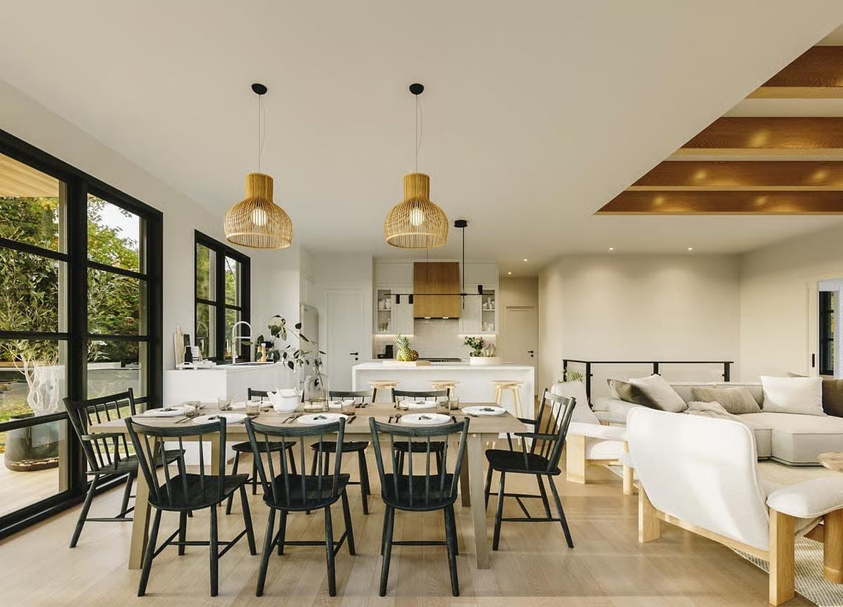 Woven Pendants, Black Windsor Chairs, and a Kitchen That Knows Its Place