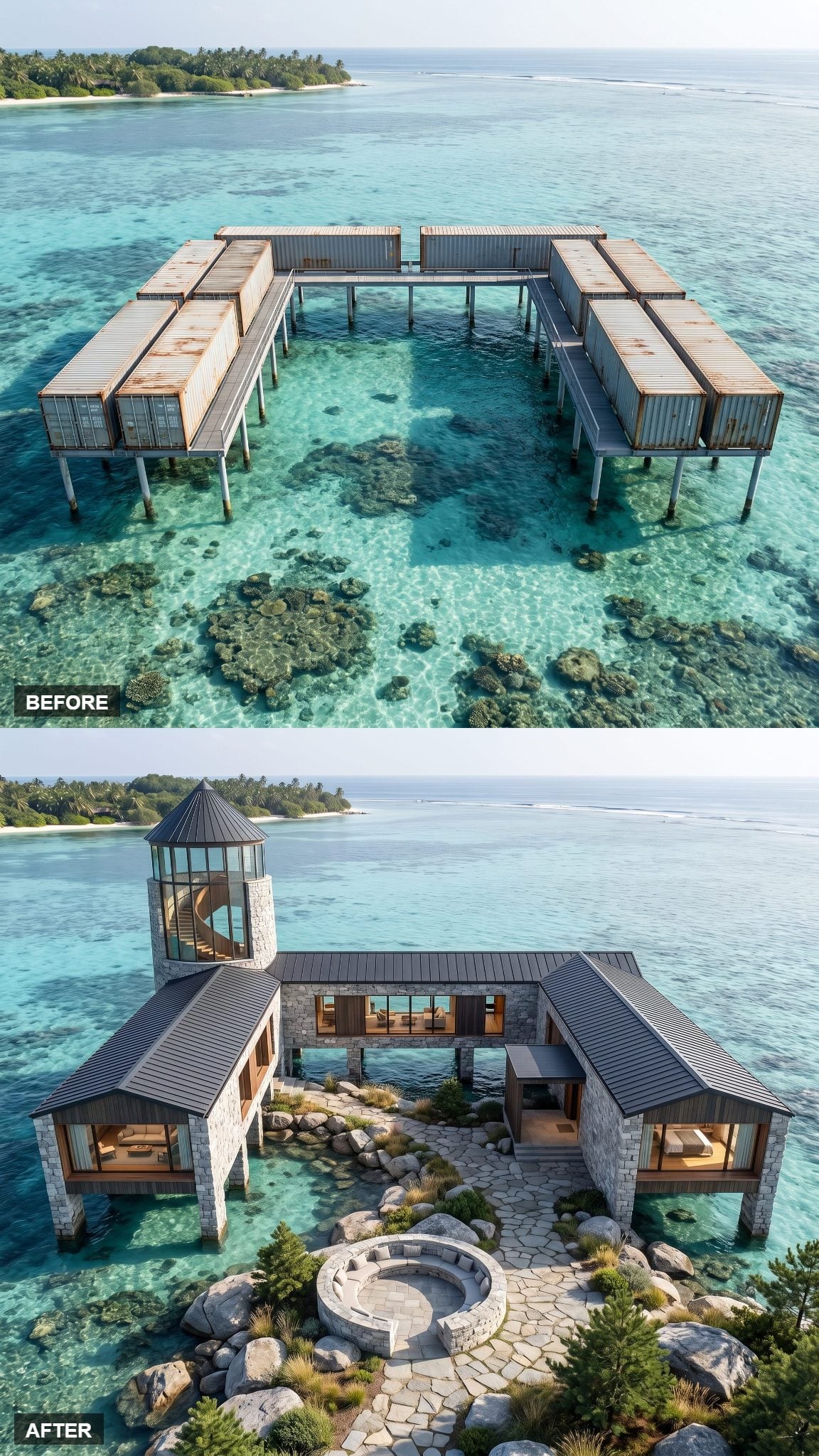 Stone-and-glass tower rising above a ten-container compound over a tropical coral lagoon