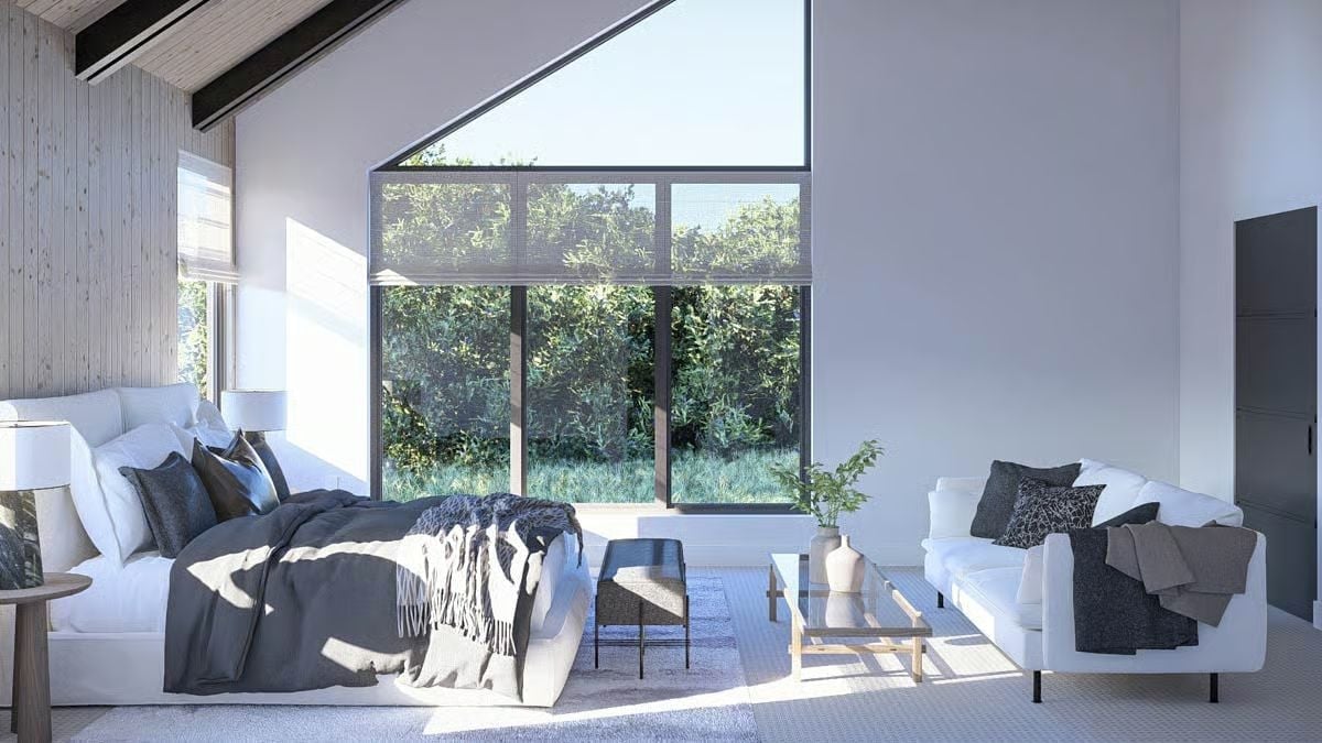 Vaulted Glass, Gray Linen, and a Bedroom That Doesn't Apologize for the View