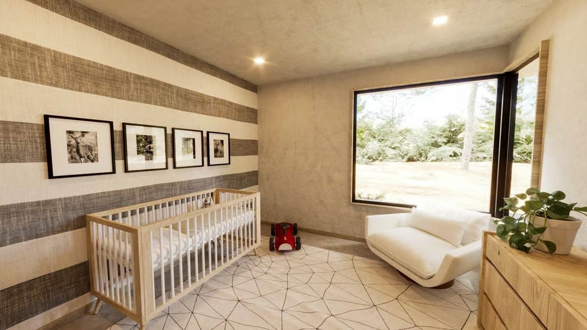 Horizontal Stripe Wallcovering, Wood Crib, and a Rocking Chair Positioned Just Right