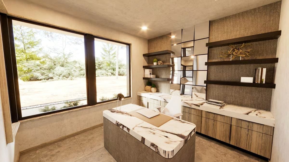 Marble Desk, Floating Shelves, and a Window That Does Half the Decorating
