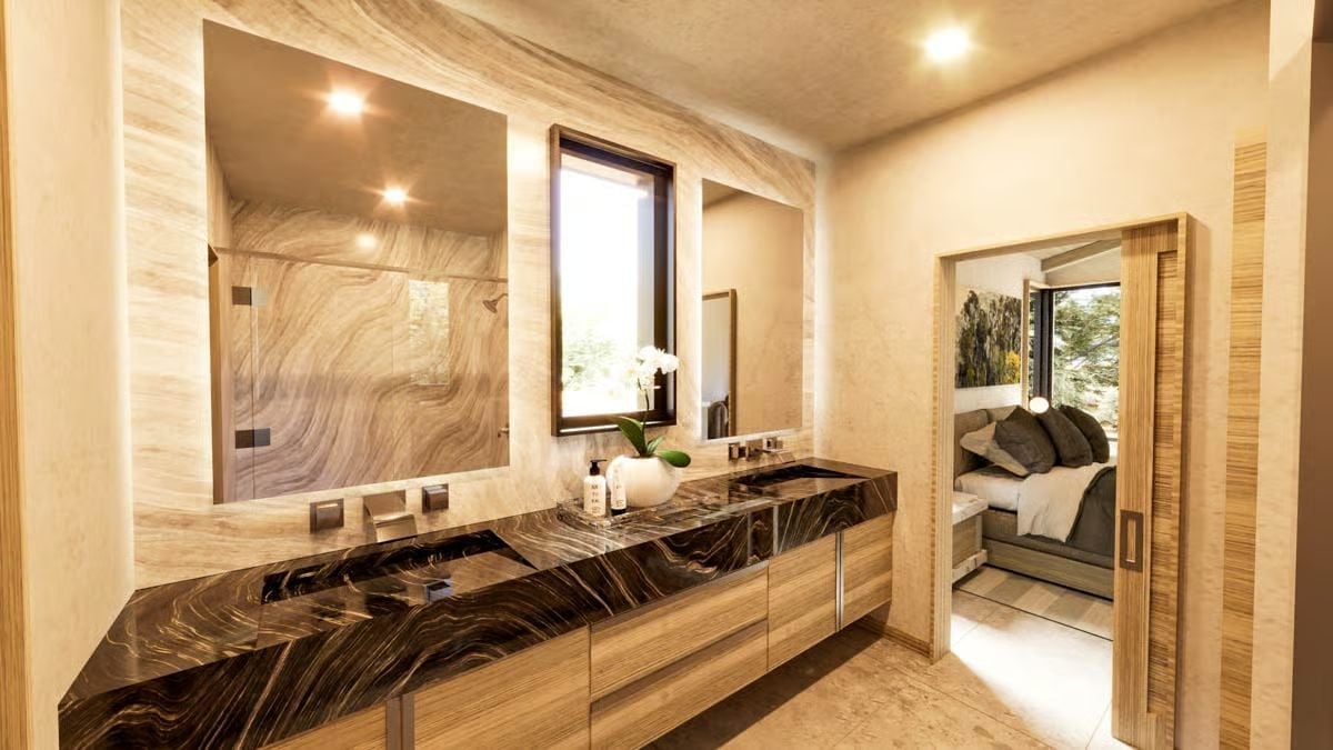Swirling Dark Stone Counters and Warm Wood Grain That Pull You Right In
