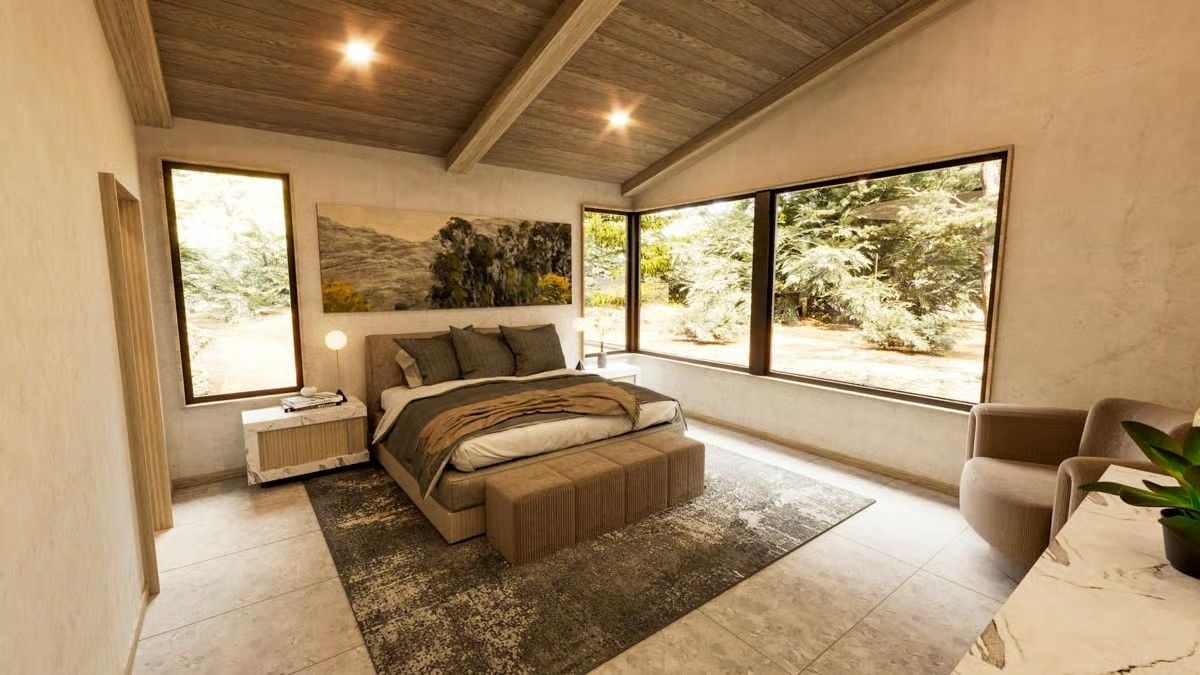 Vaulted Wood Ceiling, Corner Windows, and Green That Bleeds Right Through the Glass