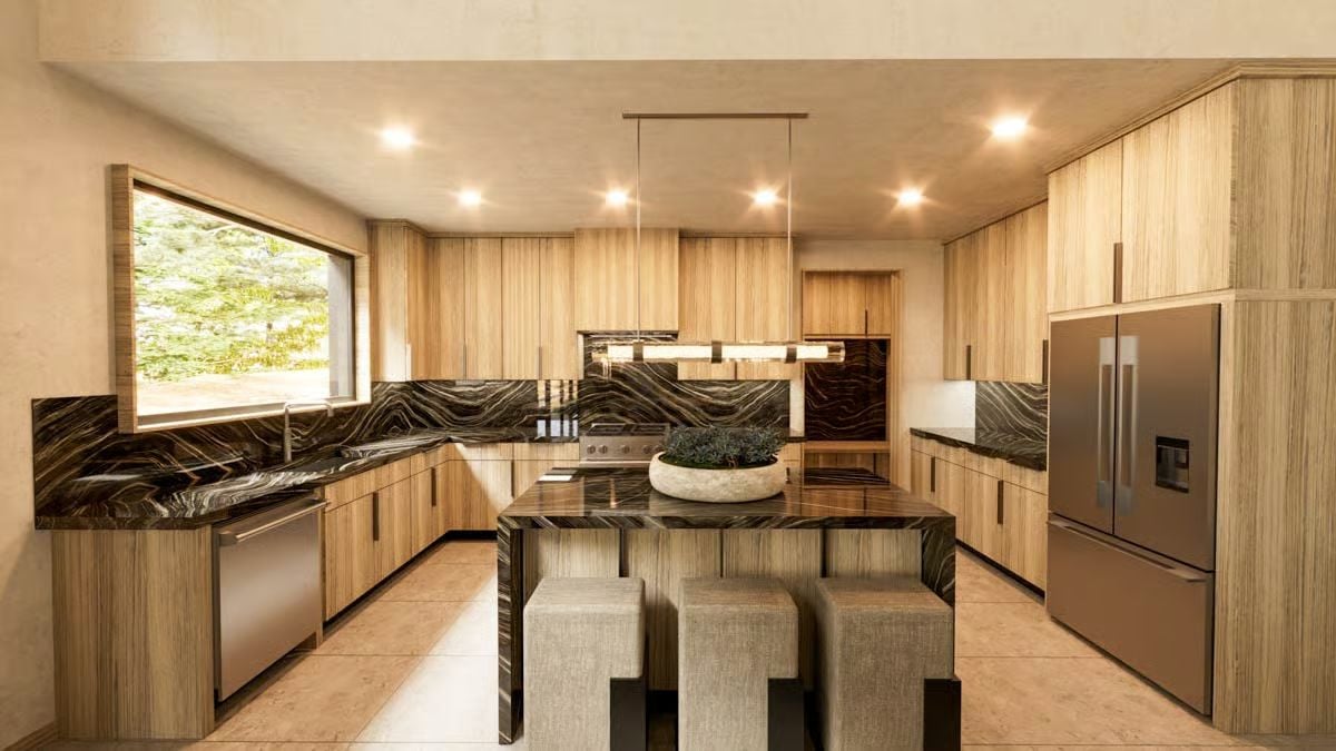 Warm Wood Grain, Dark Stone Counters, and Stools That Tuck Right Under