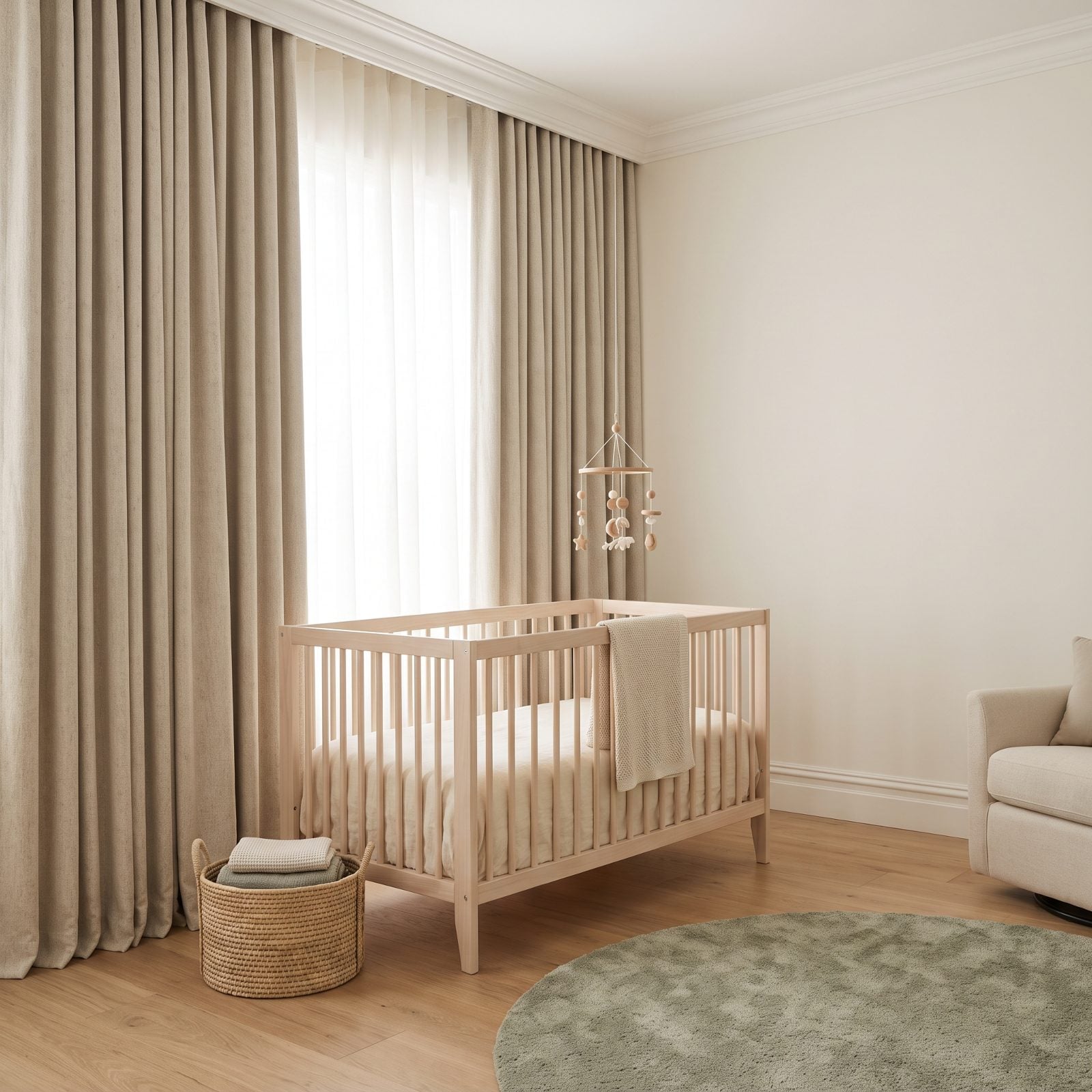 Nursery With Blackout Drapes Hung at Crown-Molding Height