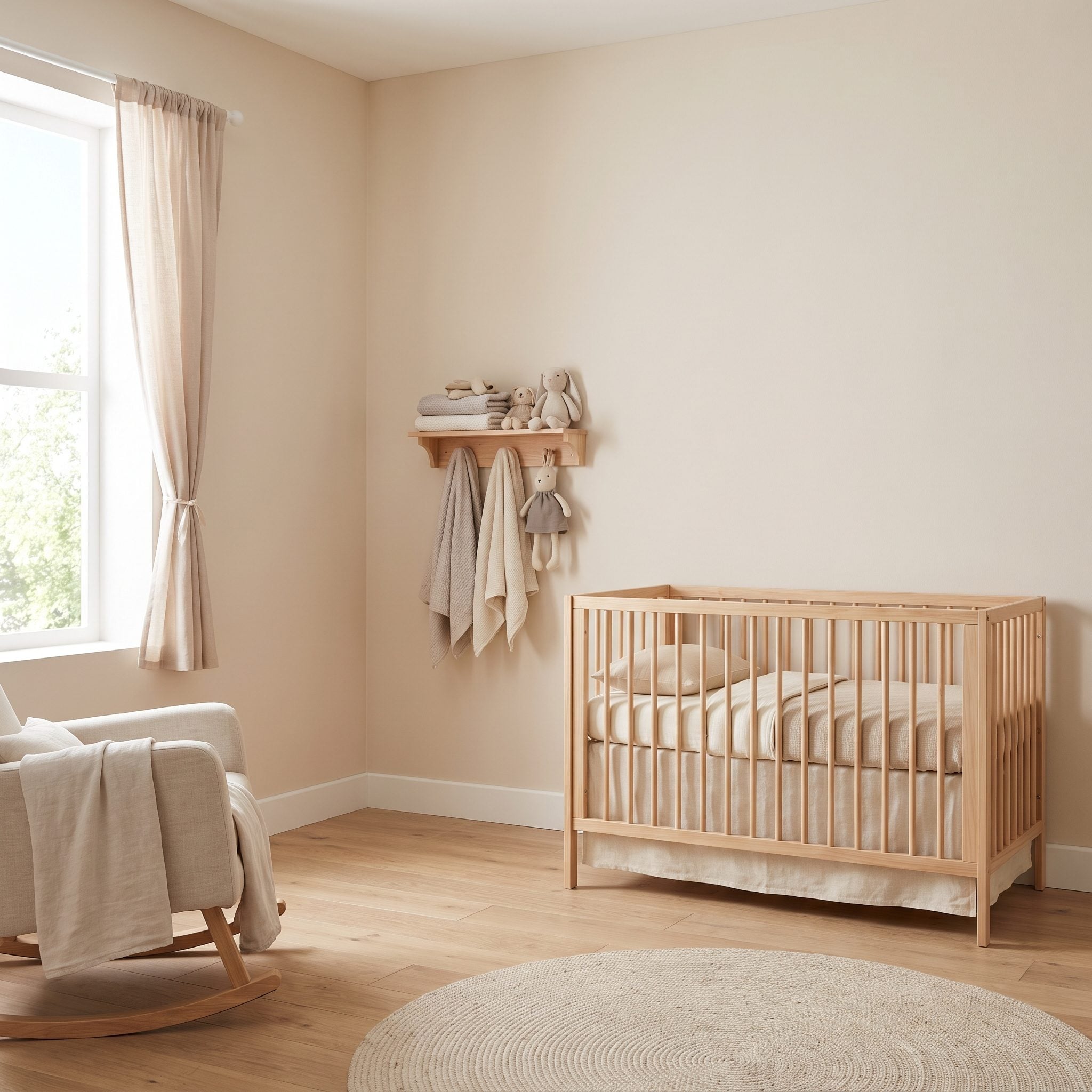 Nursery with sill-length café curtains ending about 24 inches above the floor and a cordless cellular shade, with the crib