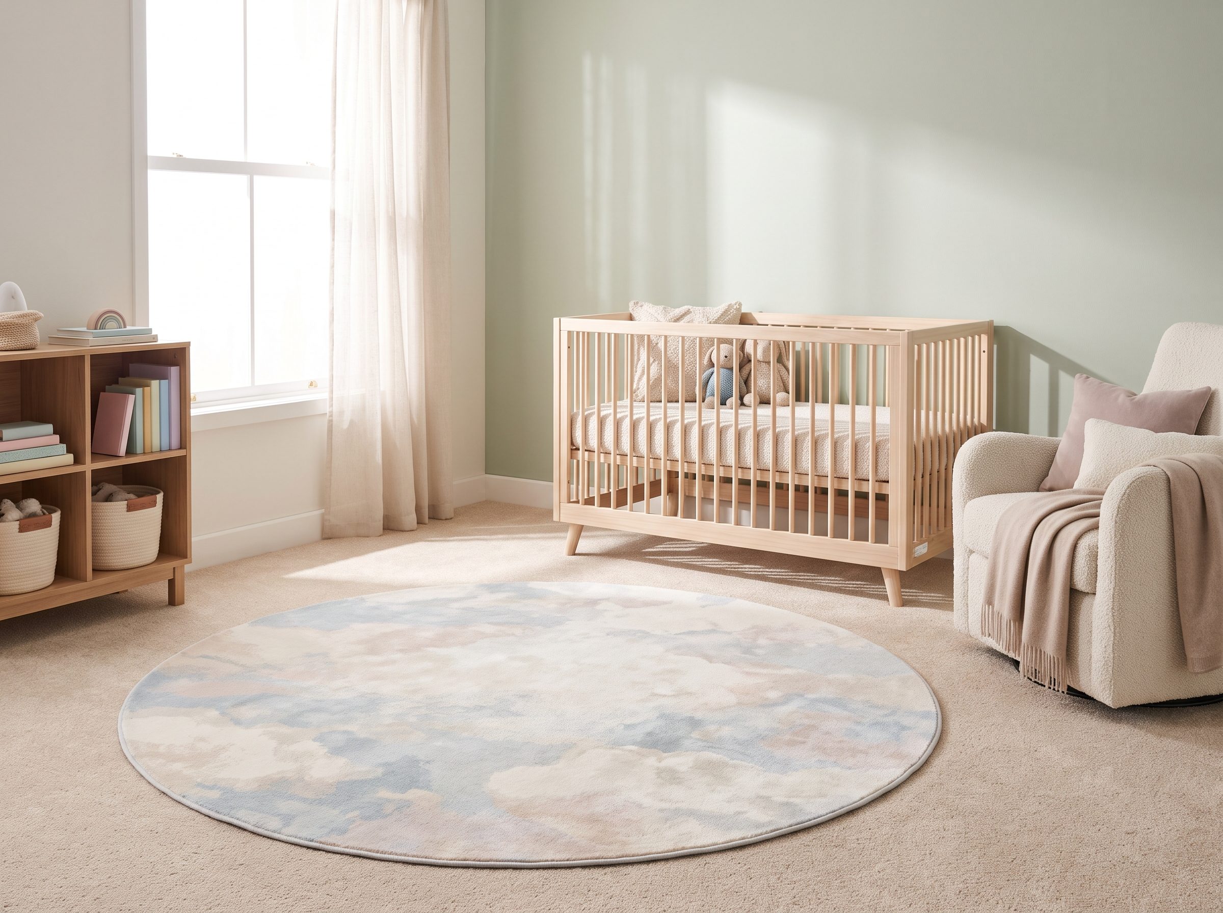 Nursery with a scalloped cotton rug layered over beige wall-to-wall carpet under a white crib