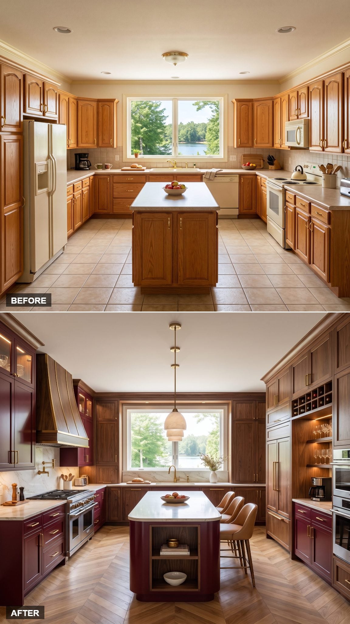 Kitchen transformation featuring deep burgundy cabinetry, walnut and brass detailing
