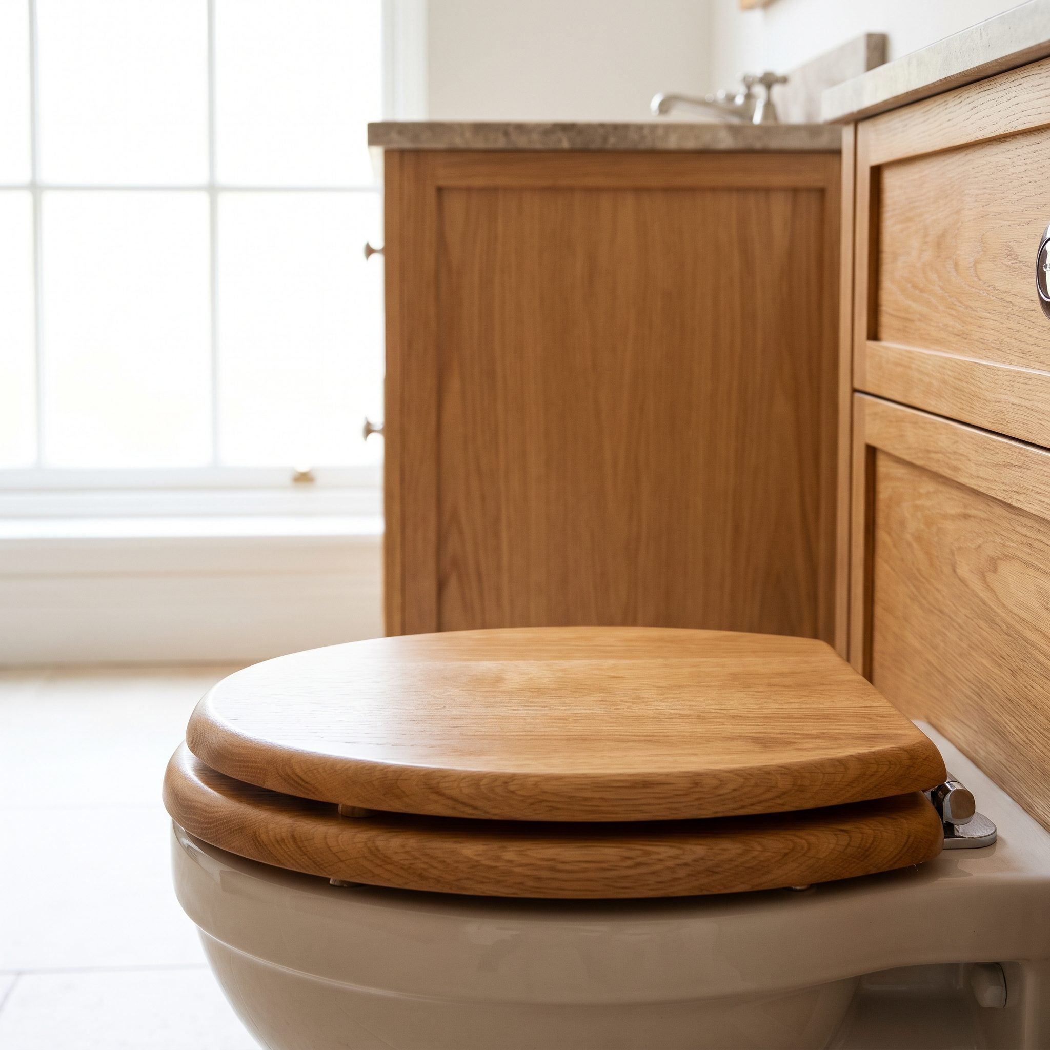 The Oak Toilet Seat That Matched the Vanity, Because Of Course It Did