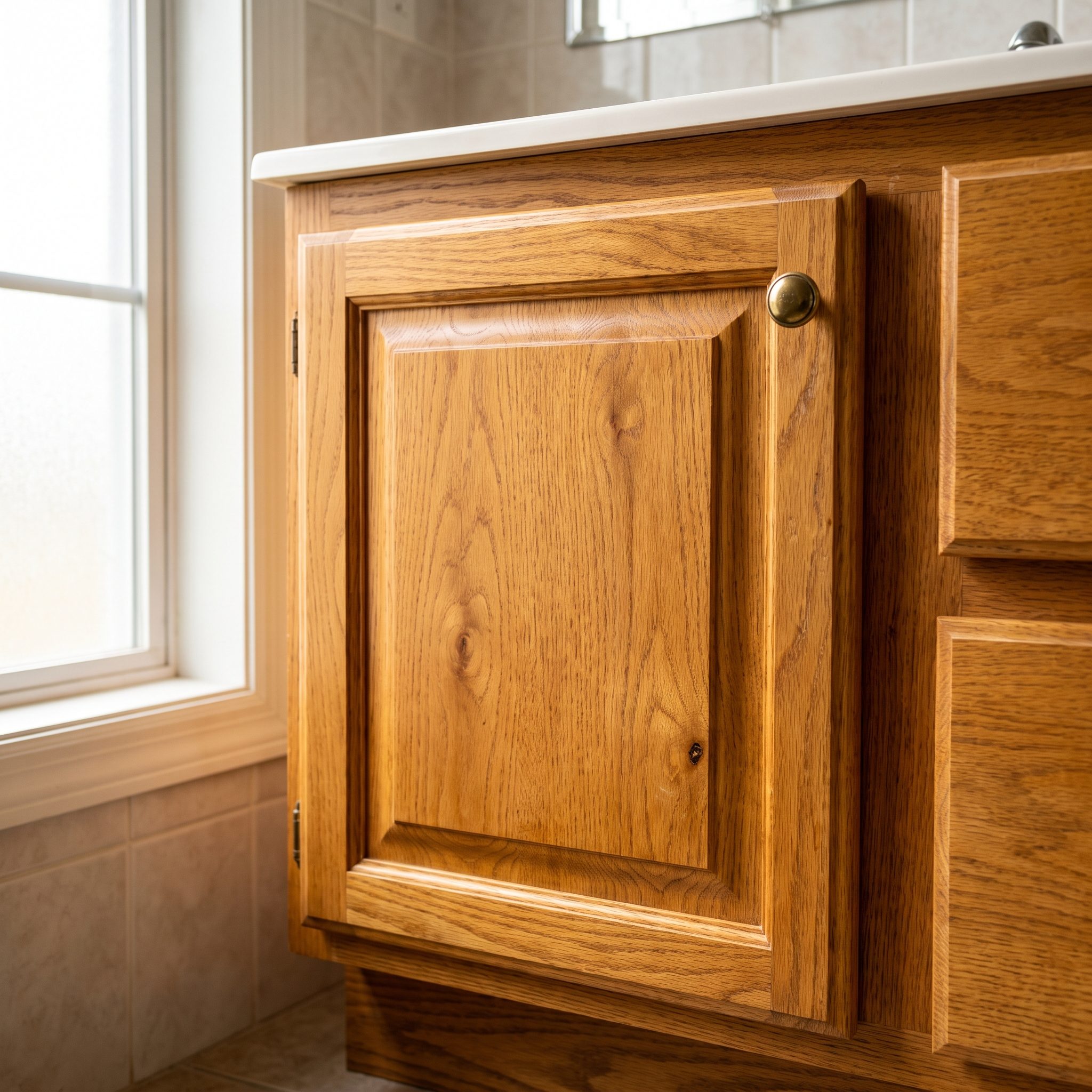 The Oak Vanity With Raised-Panel Cabinet Doors