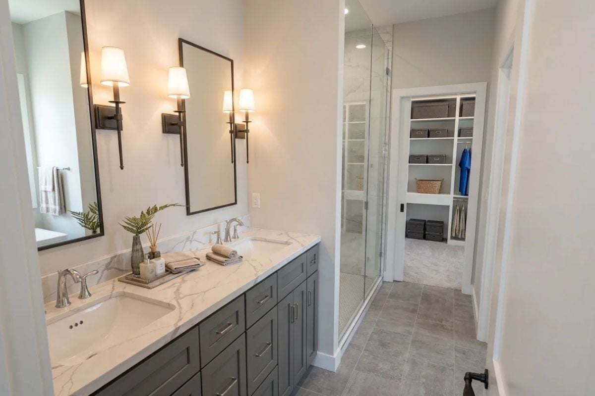 Double Vanity, Wall Sconces, and a Walk-In Closet Hiding in Plain Sight
