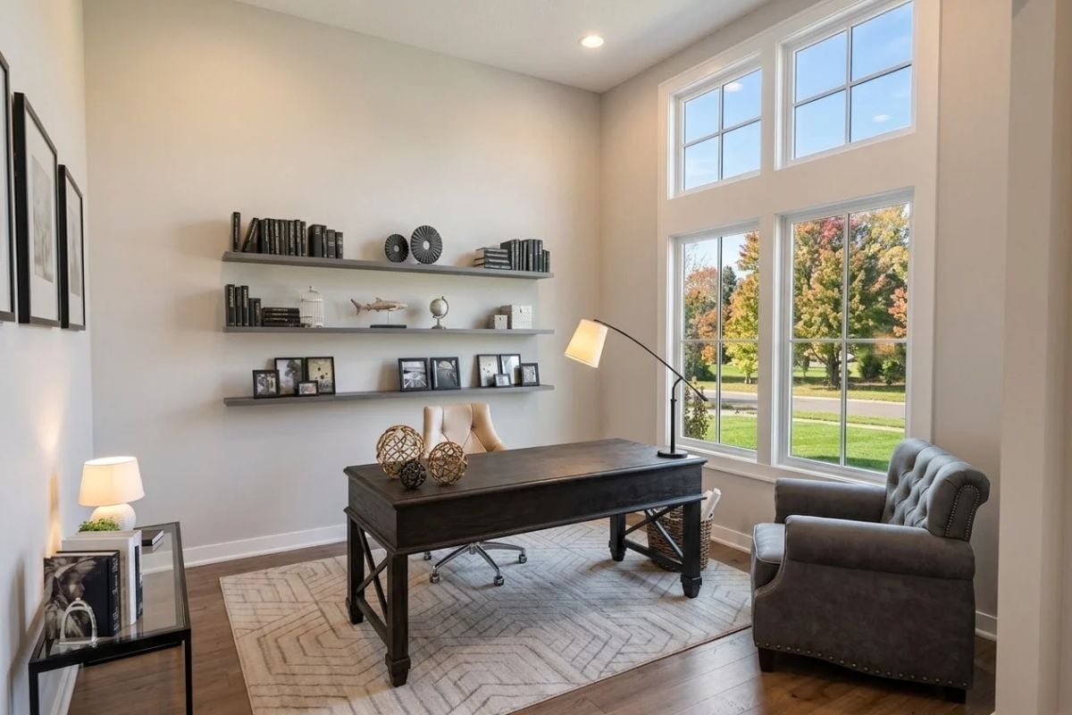 Floating Shelves, Arc Lamp, and a Desk That Means Business